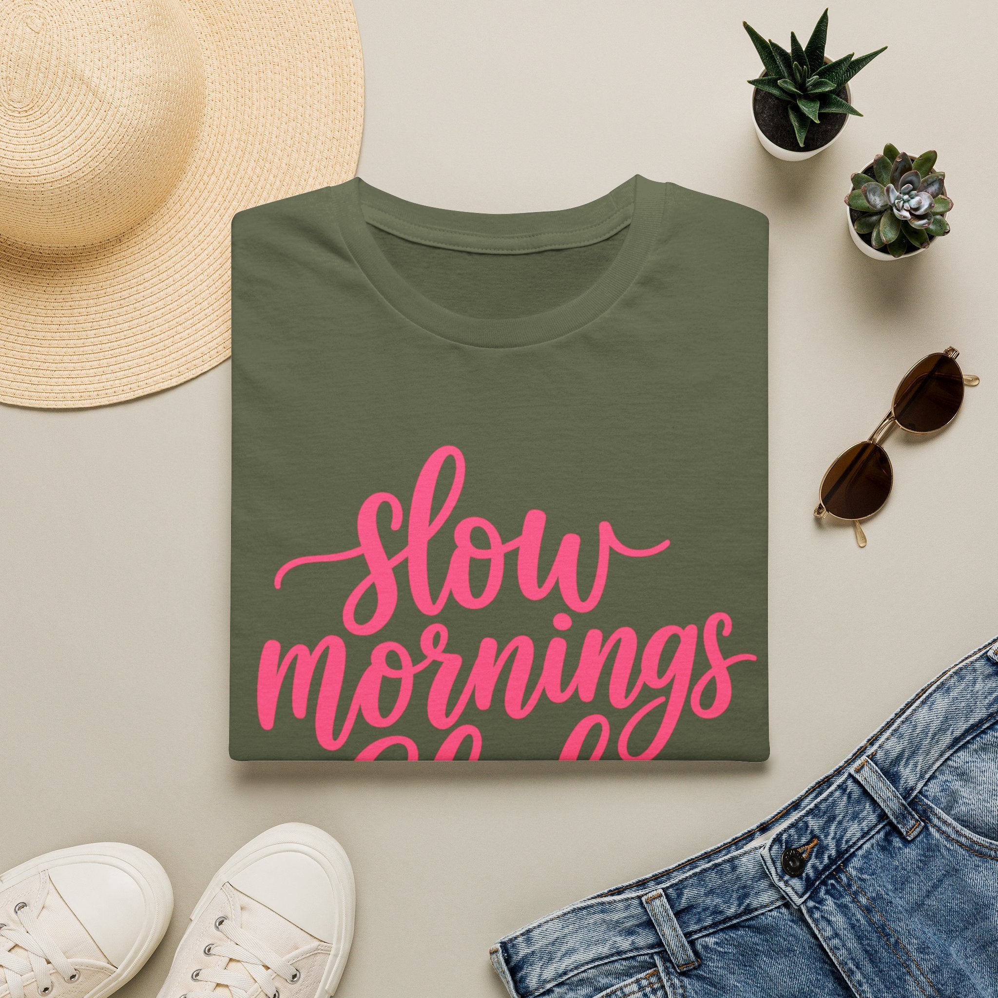 Slow Mornings Club Tee — Relaxed Graphic T-Shirt with Pink Script