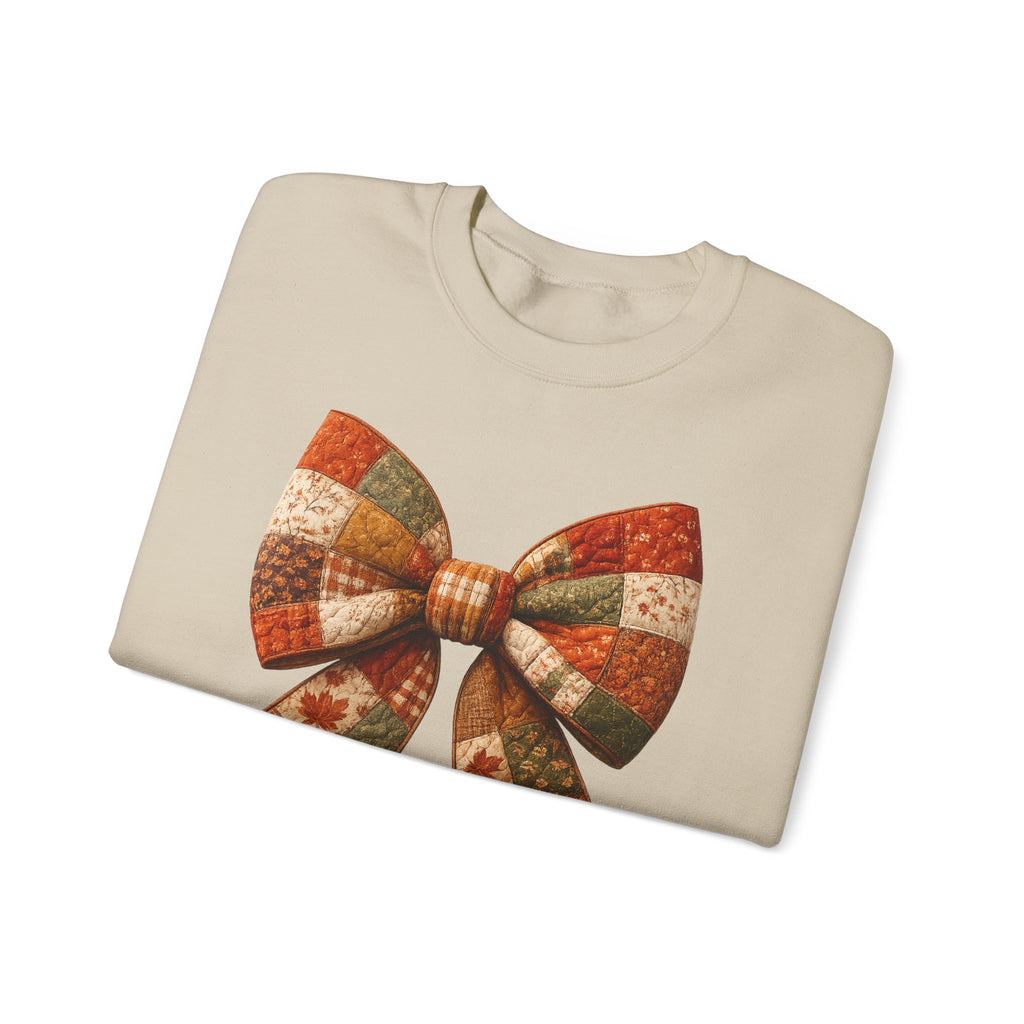 Patchwork Bow Sweatshirt — Cozy Autumn Plaid Crewneck