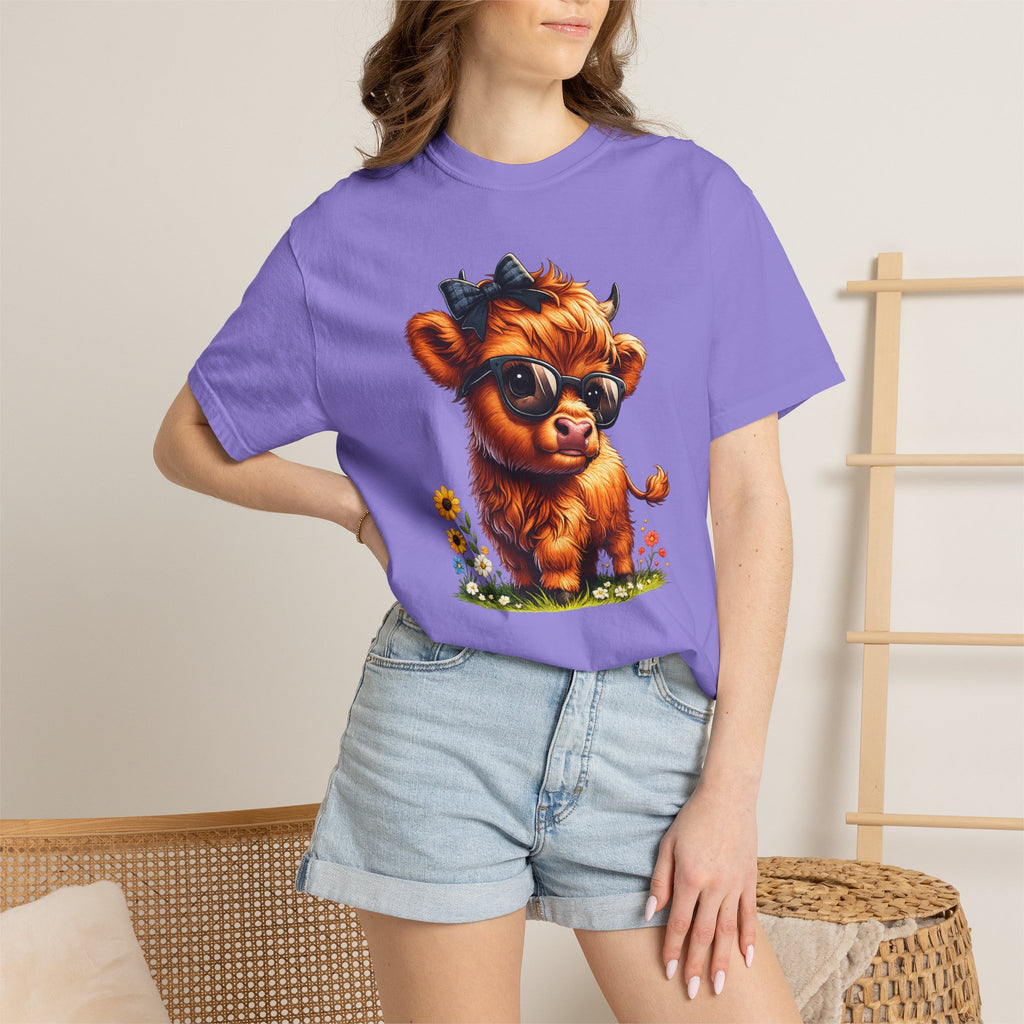 Cute Highland Calf T‑Shirt — Cool Sunglasses Cow with Flowers