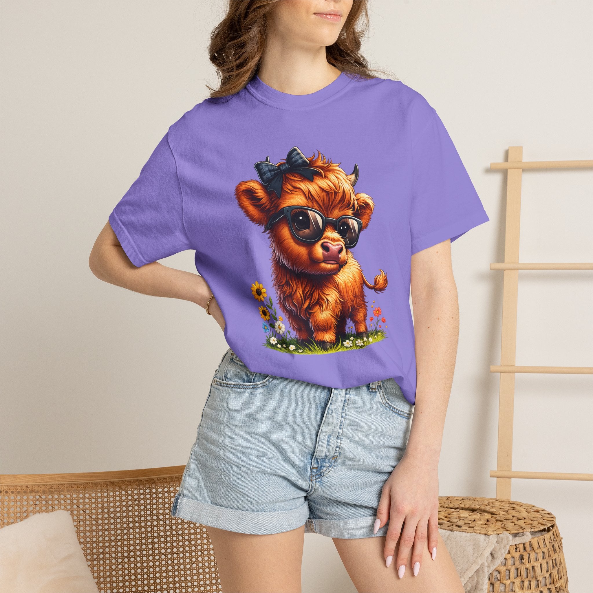 Cute Highland Calf T‑Shirt — Cool Sunglasses Cow with Flowers