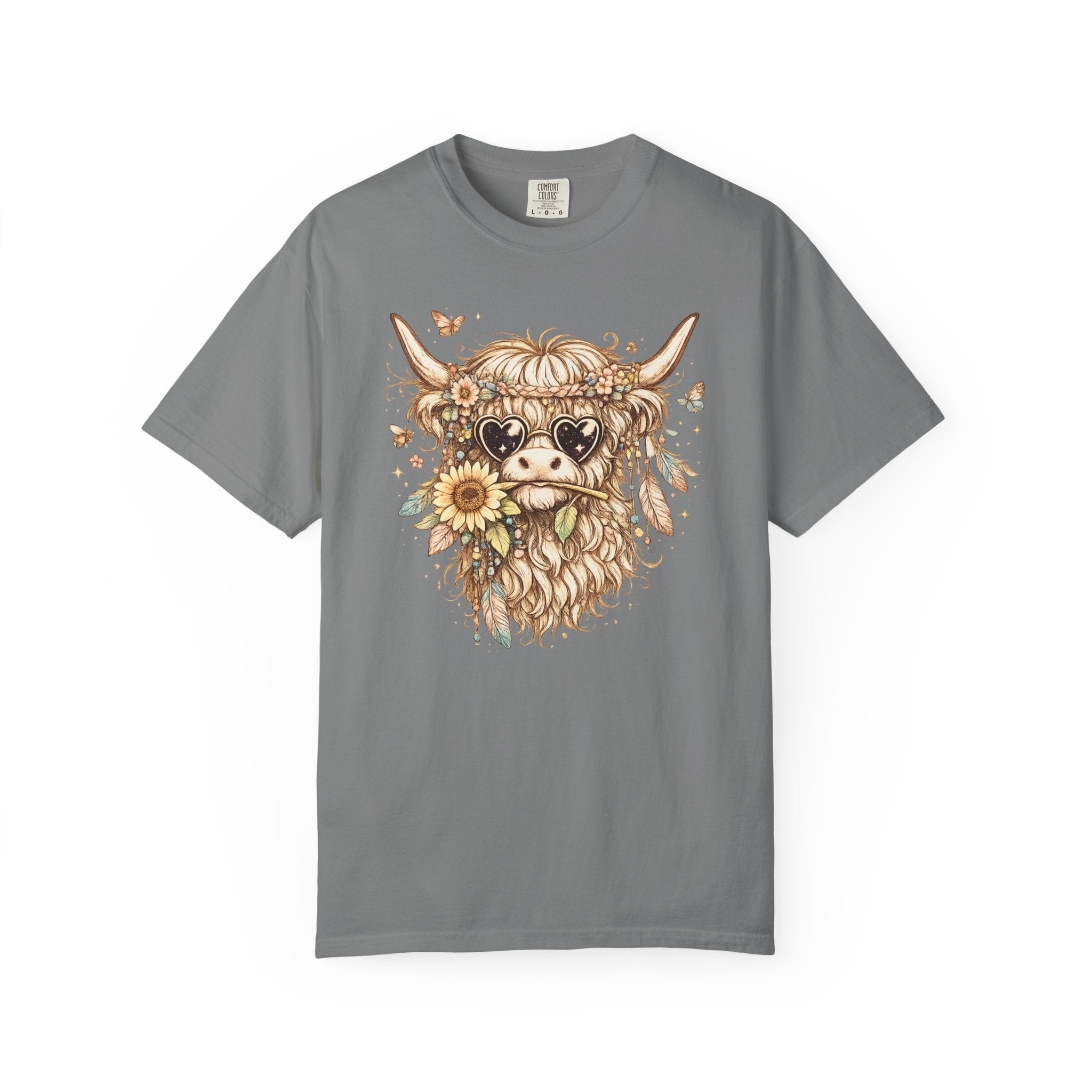 Highland Cow Floral T‑Shirt — Sunflower Boho Highland Cattle Tee
