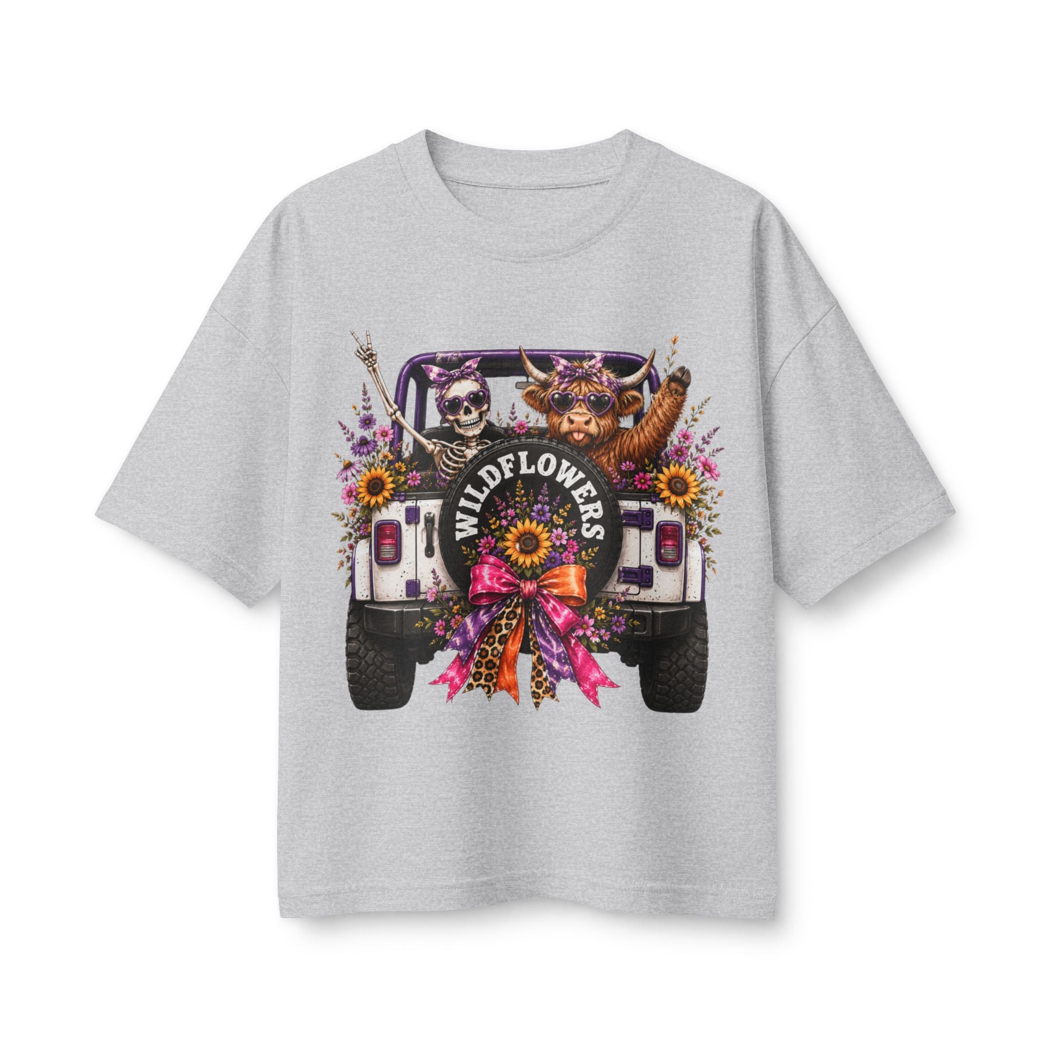 Wildflowers Jeep Crewneck Tee — Cute Skull & Pup Floral Graphic Shirt