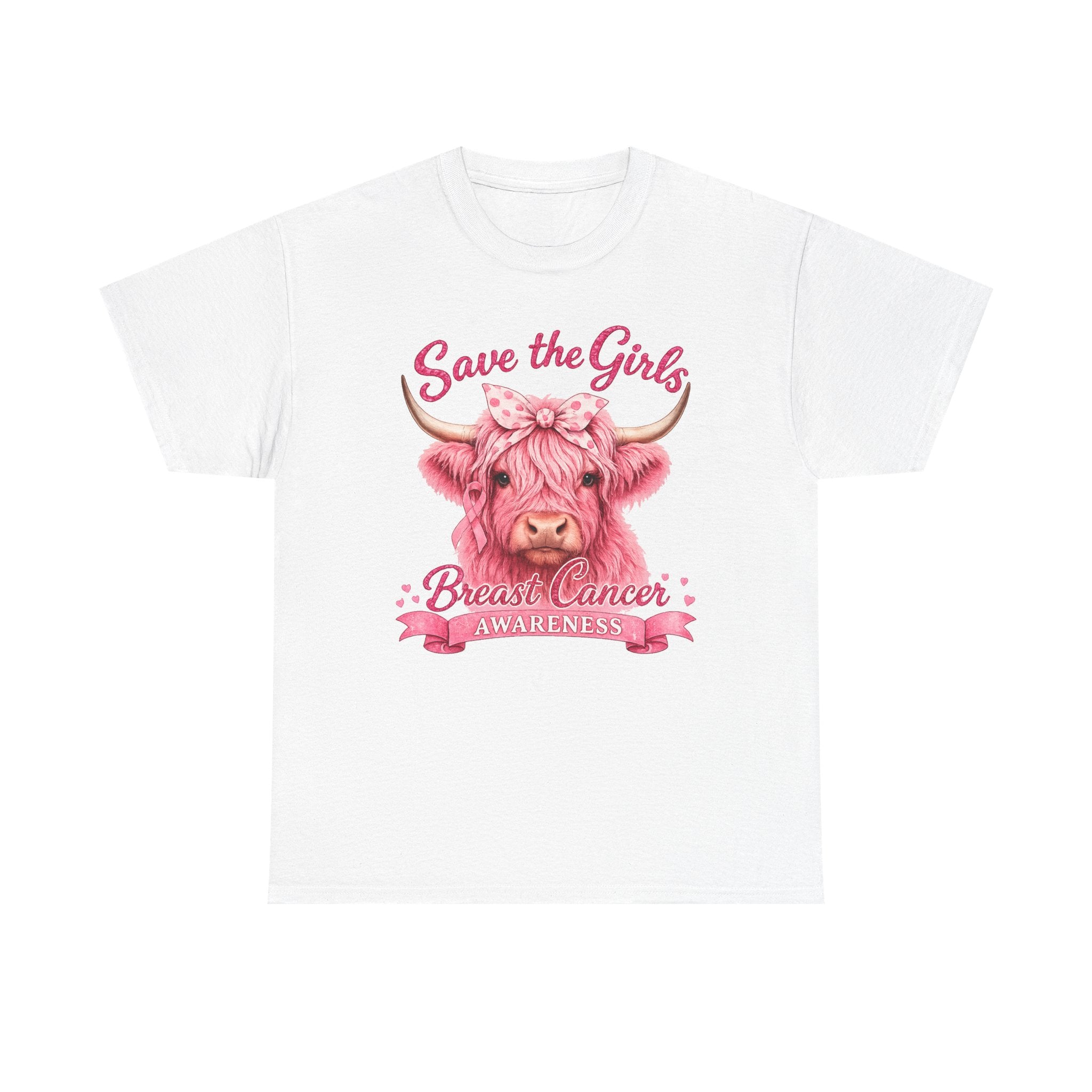 Breast Cancer Awareness Tee — "Save the Girls" Pink Highland Cow Shirt