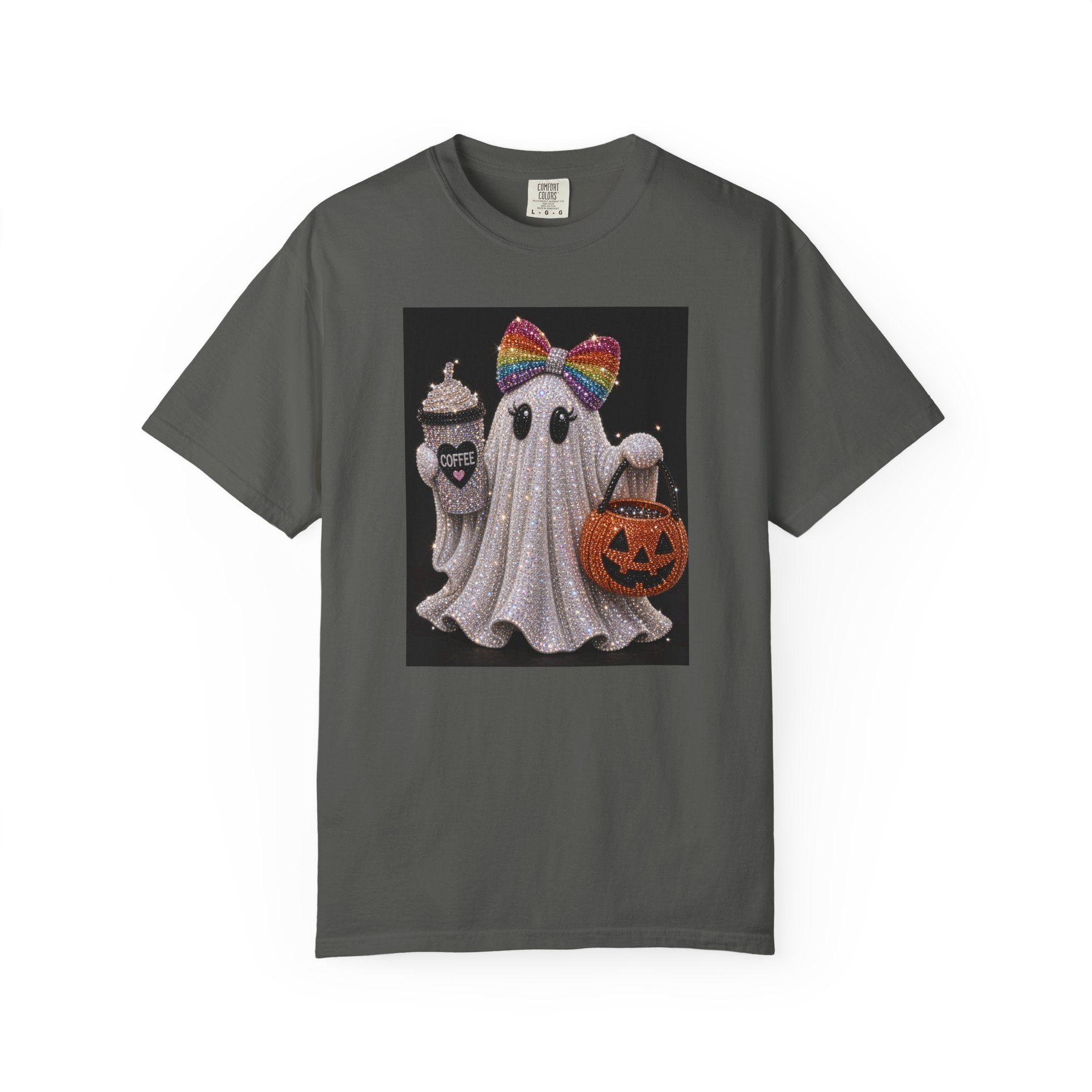 Halloween Ghost T-Shirt — Glitter Ghost with Rainbow Bow, Pumpkin & Coffee