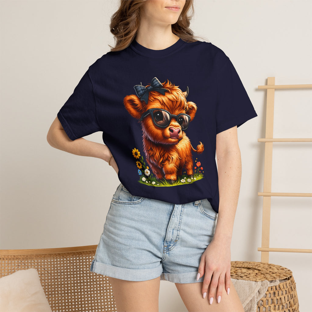 Cute Highland Calf T‑Shirt — Cool Sunglasses Cow with Flowers