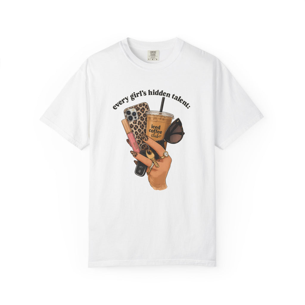 T-Shirt — Every Girl’s Hidden Talents Graphic Tee (coffee, makeup, phone, sunglasses)