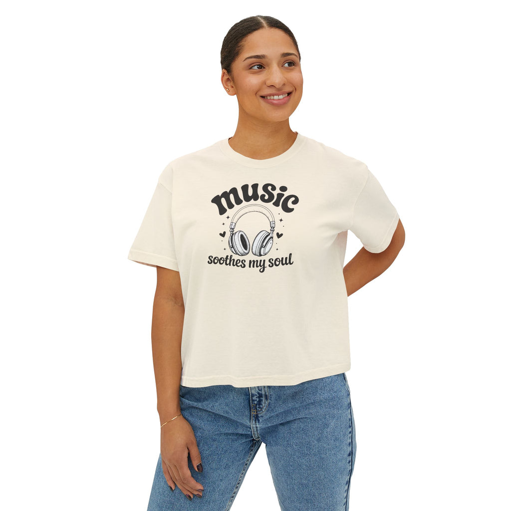 Music Soothes My Soul Boxy Tee — Women's Cropped Graphic T-Shirt with Headphones