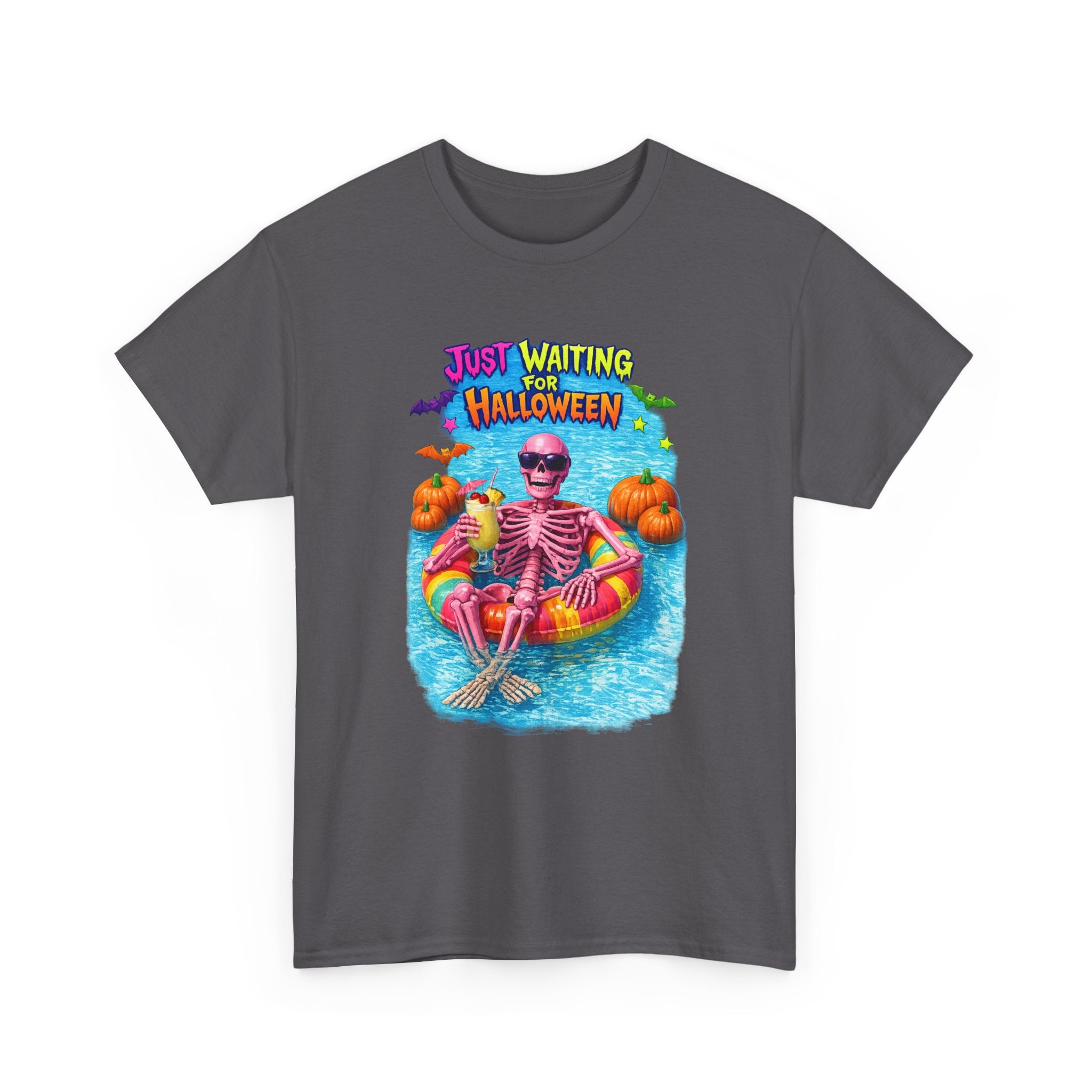 Halloween Skeleton Tee — "Just Waiting for Halloween" Pool Float Graphic T-Shirt