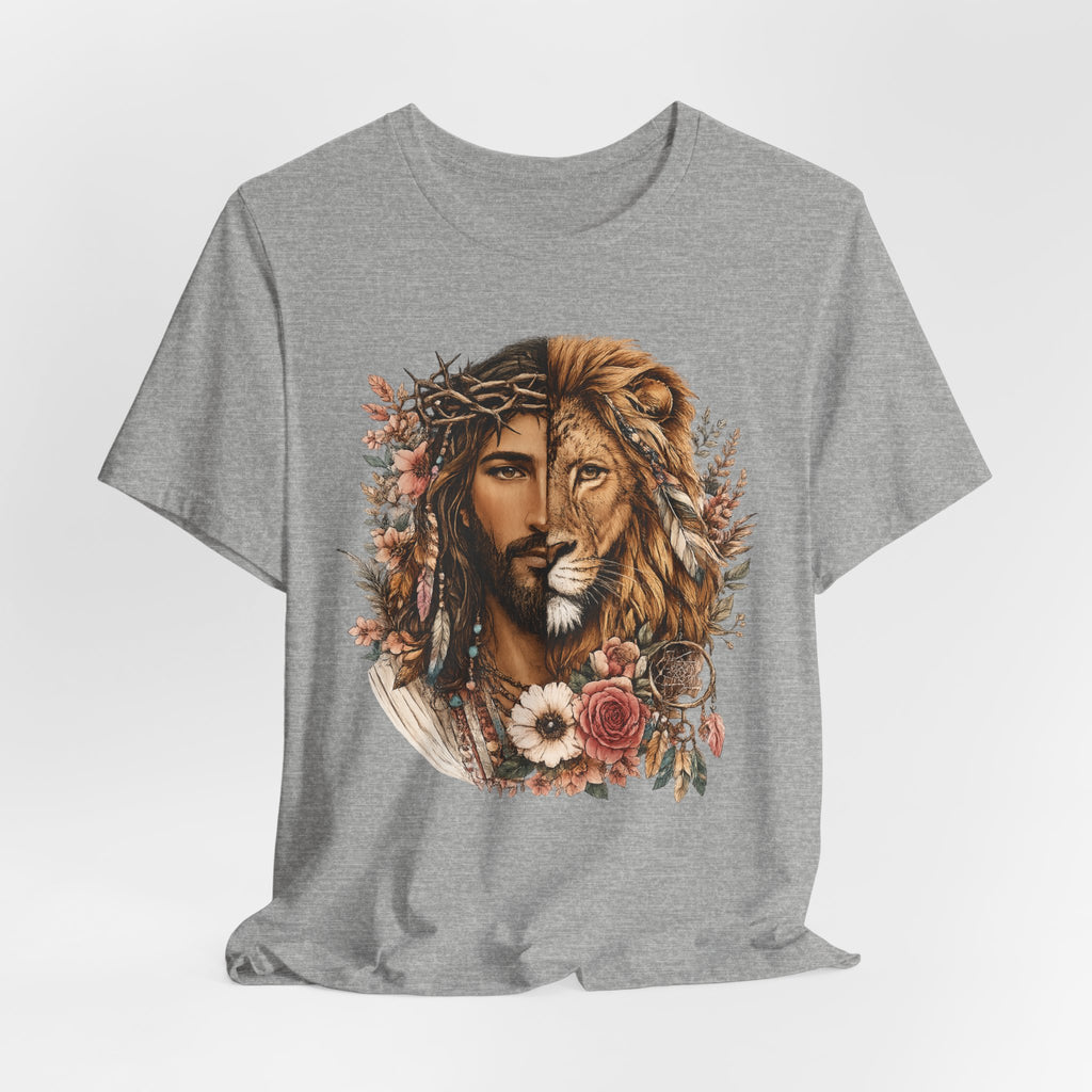 Lion and Woman Floral Portrait Tee — Spiritual Boho Graphic T-Shirt