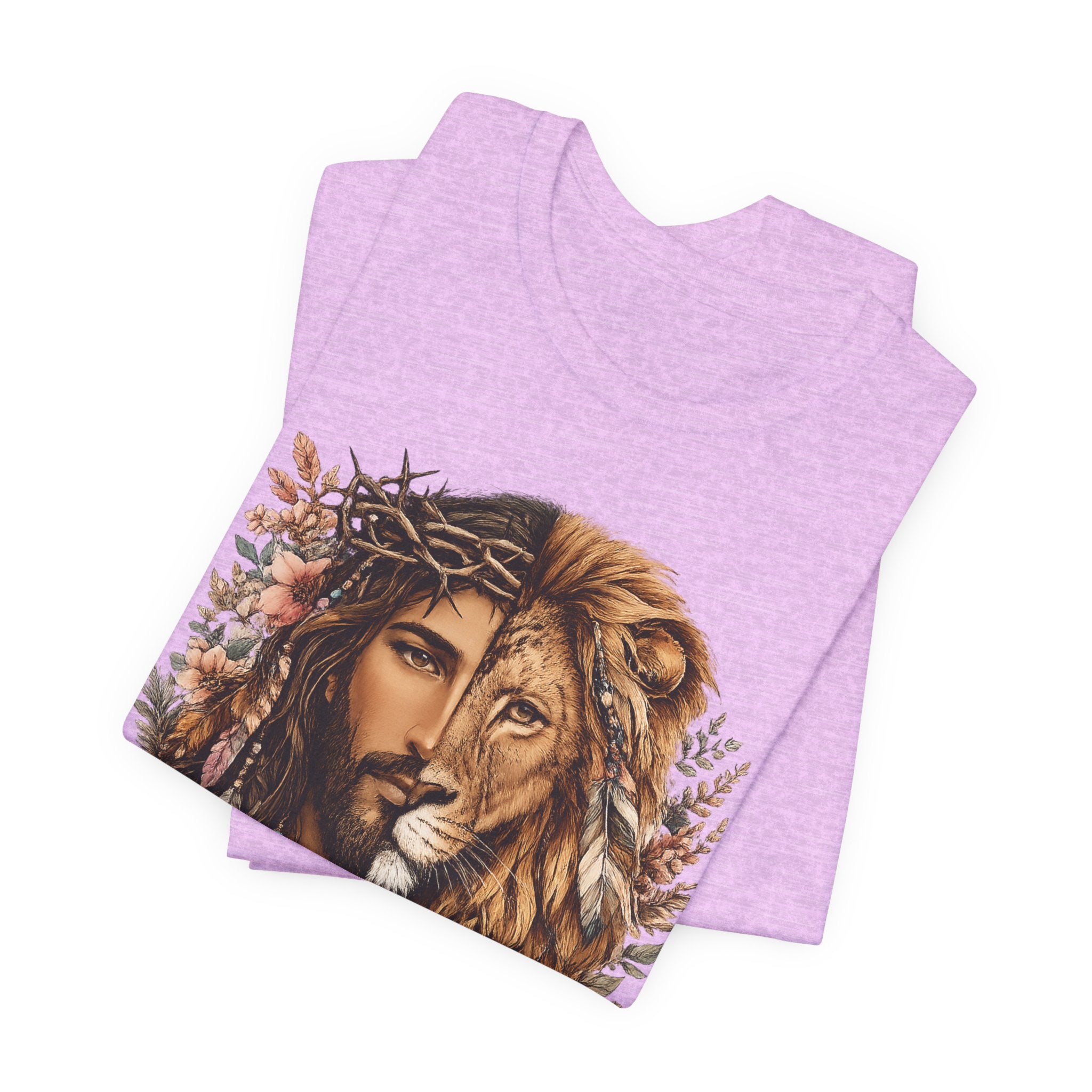 Lion and Woman Floral Portrait Tee — Spiritual Boho Graphic T-Shirt