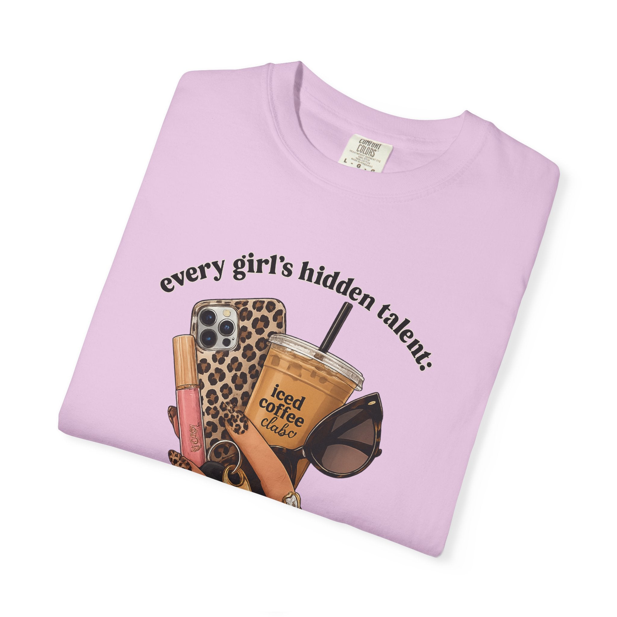 T-Shirt — Every Girl’s Hidden Talents Graphic Tee (coffee, makeup, phone, sunglasses)