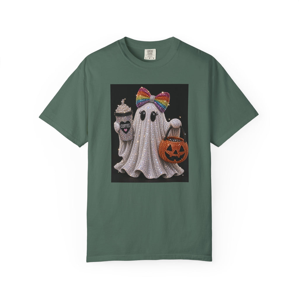 Halloween Ghost T-Shirt — Glitter Ghost with Rainbow Bow, Pumpkin & Coffee