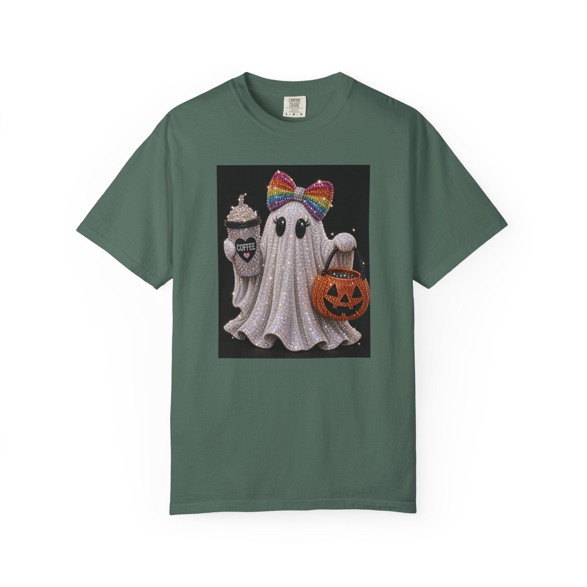 Halloween Ghost T-Shirt — Glitter Ghost with Rainbow Bow, Pumpkin & Coffee