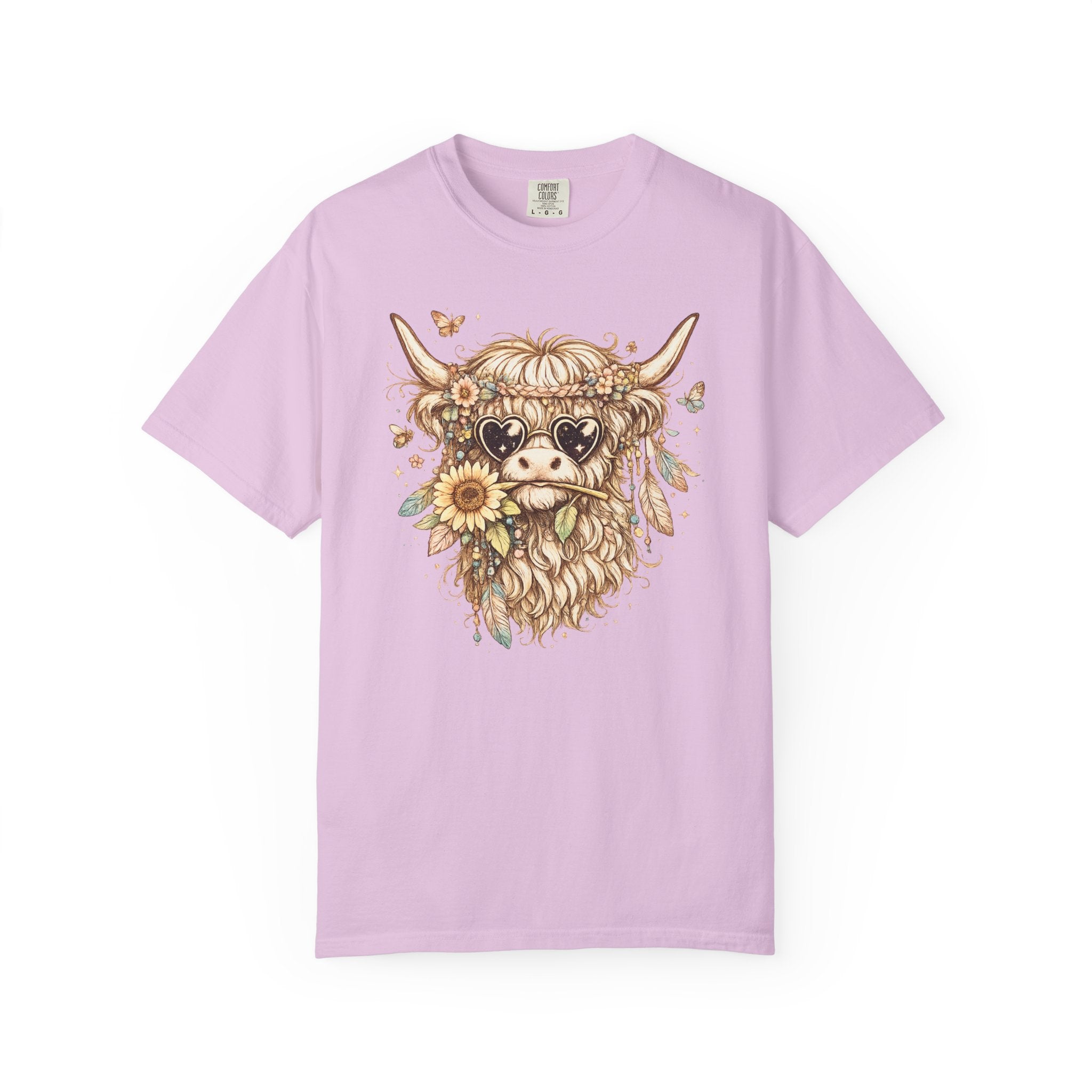 Highland Cow Floral T‑Shirt — Sunflower Boho Highland Cattle Tee