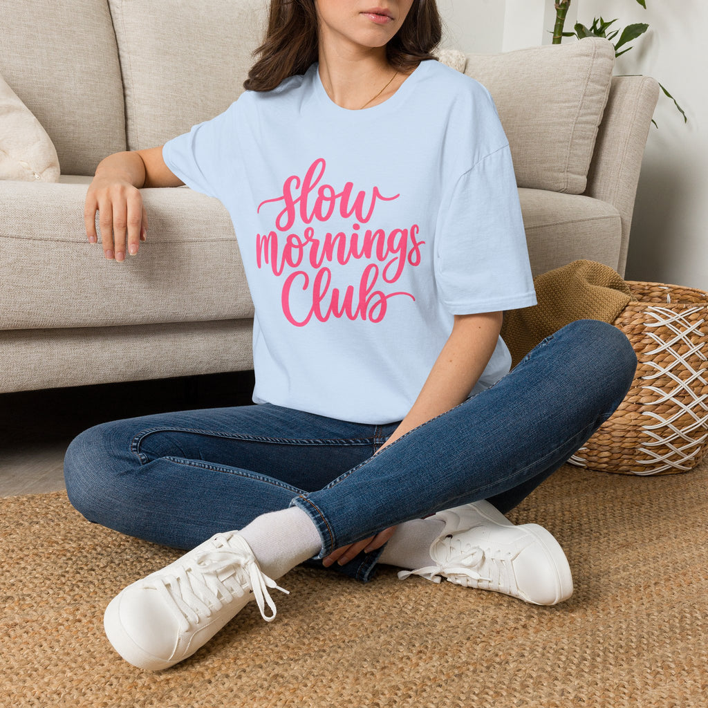 Slow Mornings Club Tee — Relaxed Graphic T-Shirt with Pink Script