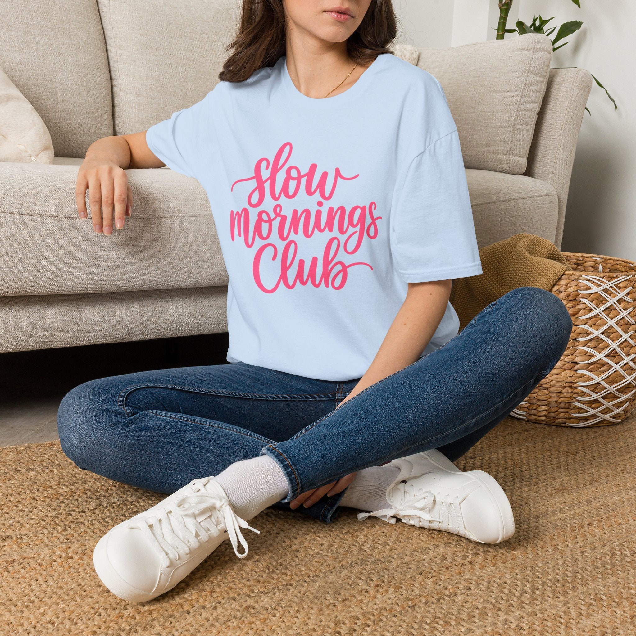 Slow Mornings Club Tee — Relaxed Graphic T-Shirt with Pink Script