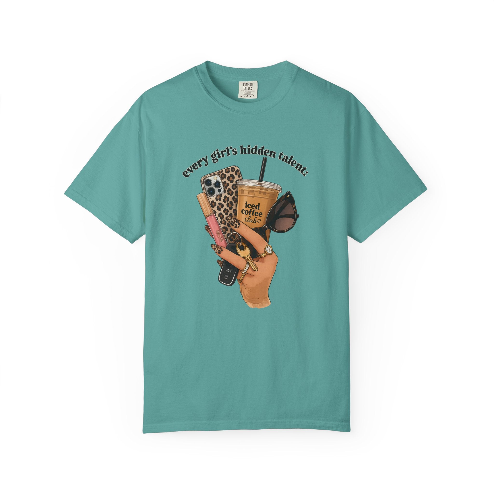 T-Shirt — Every Girl’s Hidden Talents Graphic Tee (coffee, makeup, phone, sunglasses)