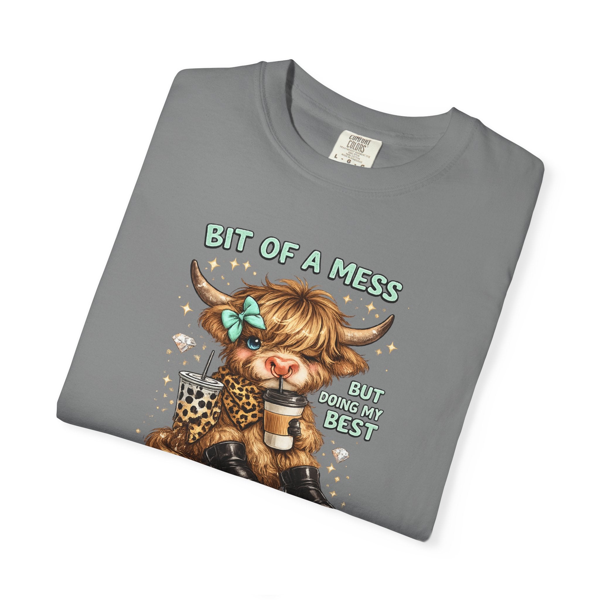 Bit of a Mess Anxiety Cowgirl Graphic T-Shirt — Cute Retro Cow Print Tee for Anxiety Awareness