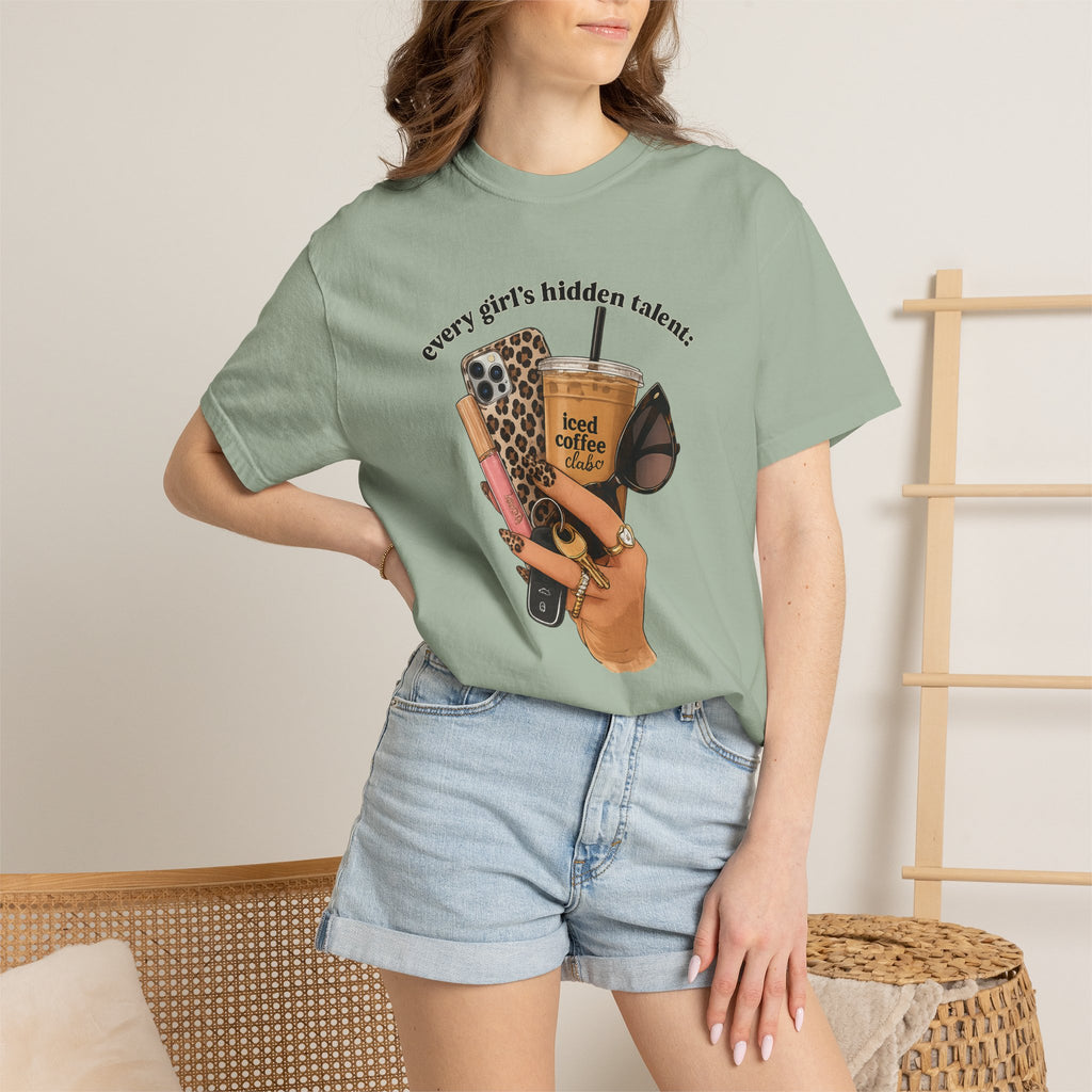 T-Shirt — Every Girl’s Hidden Talents Graphic Tee (coffee, makeup, phone, sunglasses)