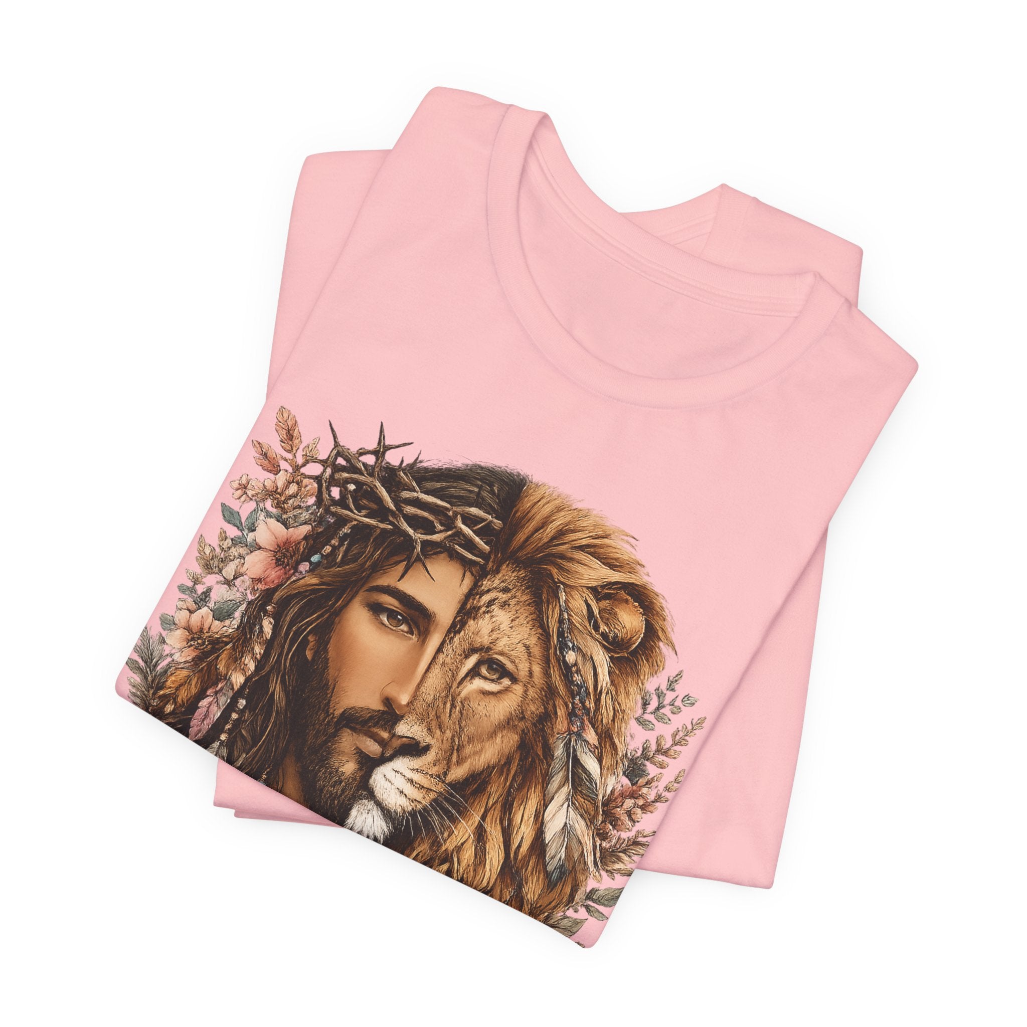 Lion and Woman Floral Portrait Tee — Spiritual Boho Graphic T-Shirt