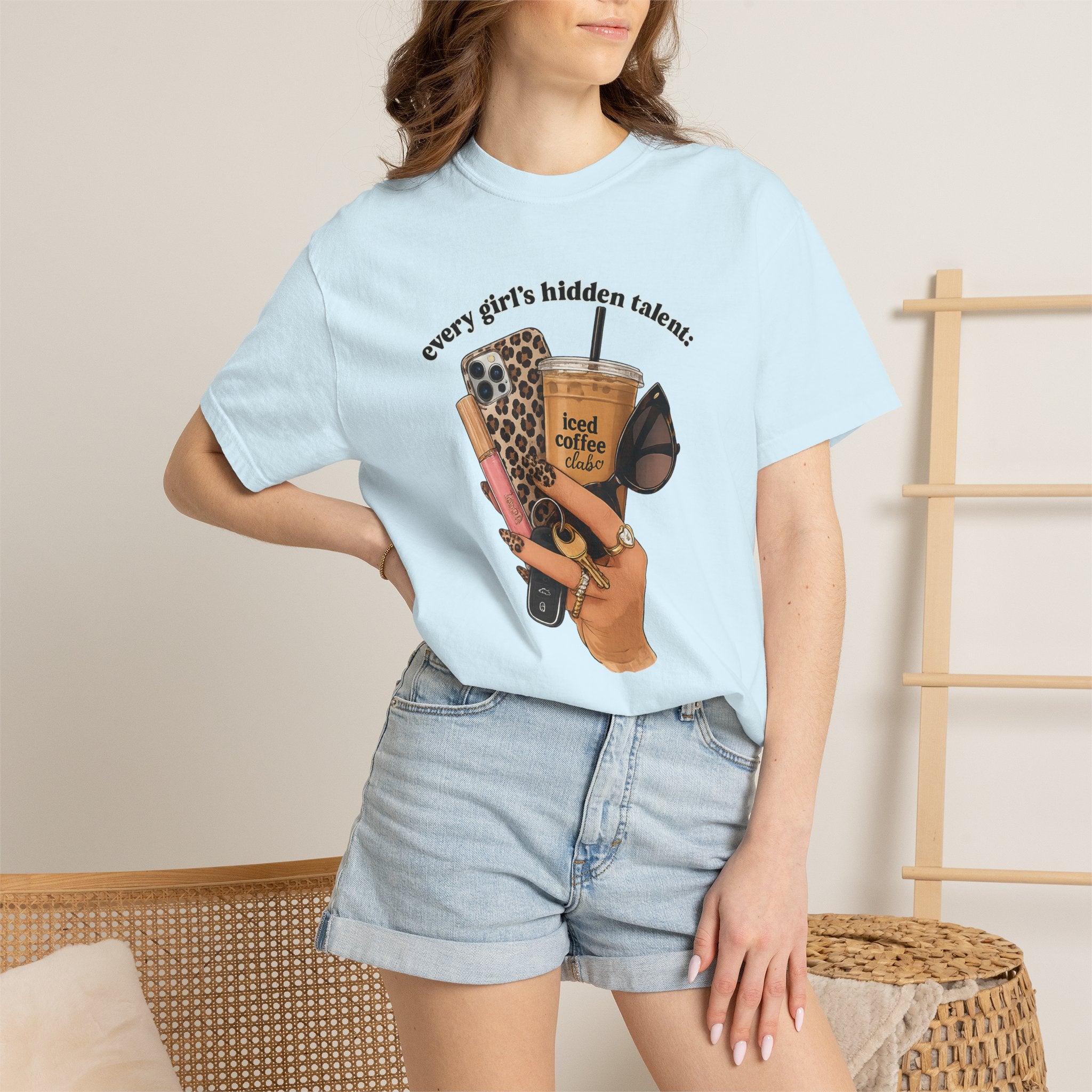 T-Shirt — Every Girl’s Hidden Talents Graphic Tee (coffee, makeup, phone, sunglasses)