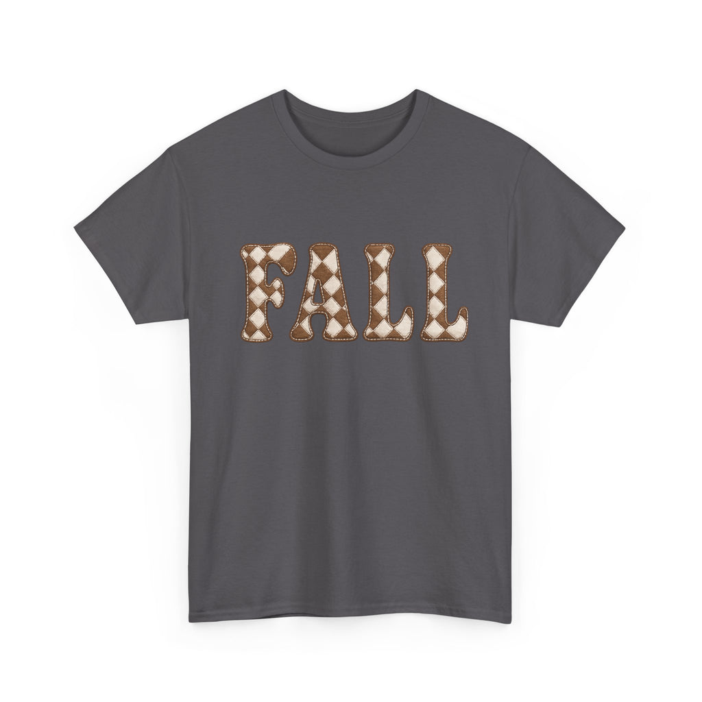 Fall Pumpkin Pattern T-Shirt — Cozy Autumn Tee with 'FALL' Lettering