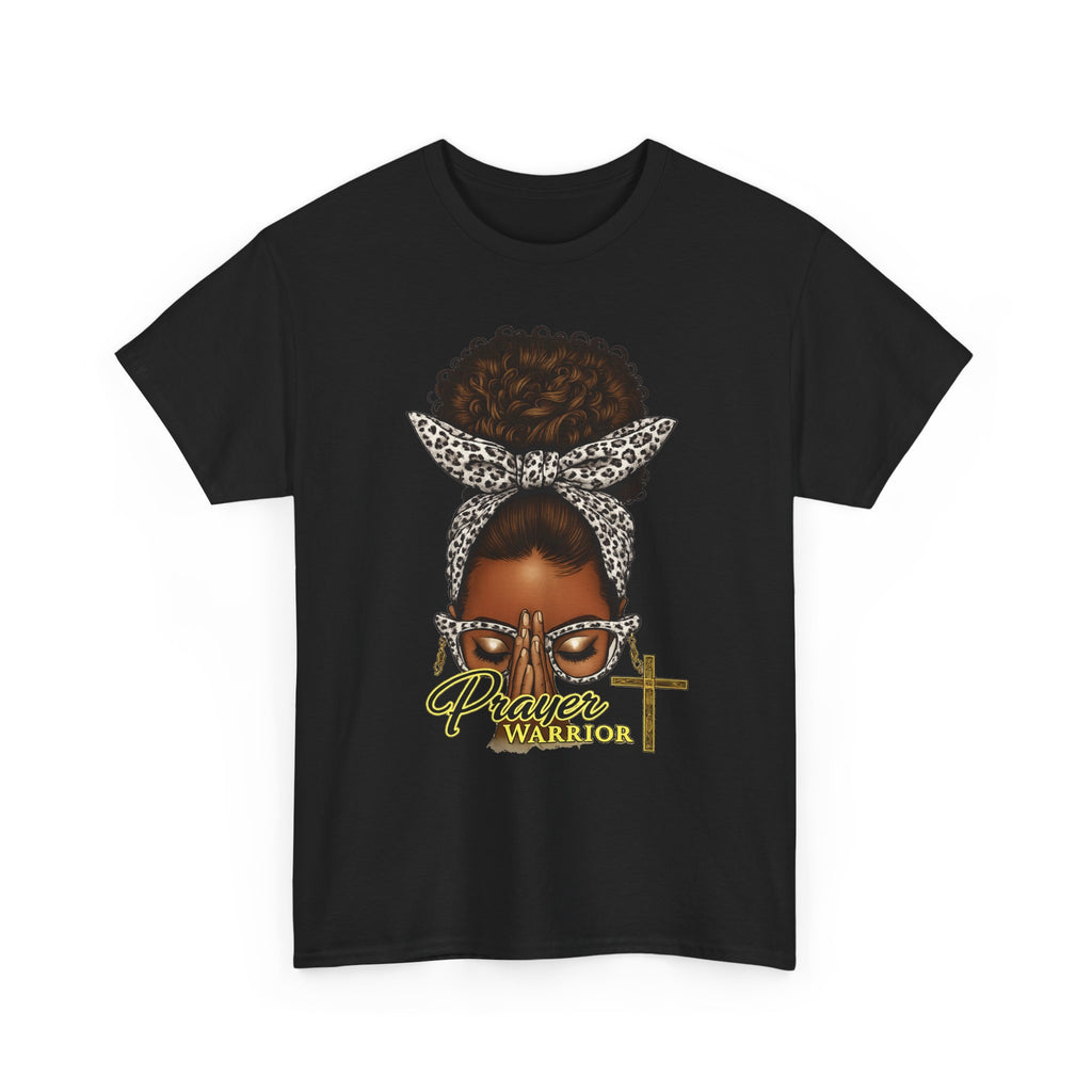 Prayer Warrior T-Shirt – Black Woman Afro Bun with Leopard Scarf & Cross Graphic