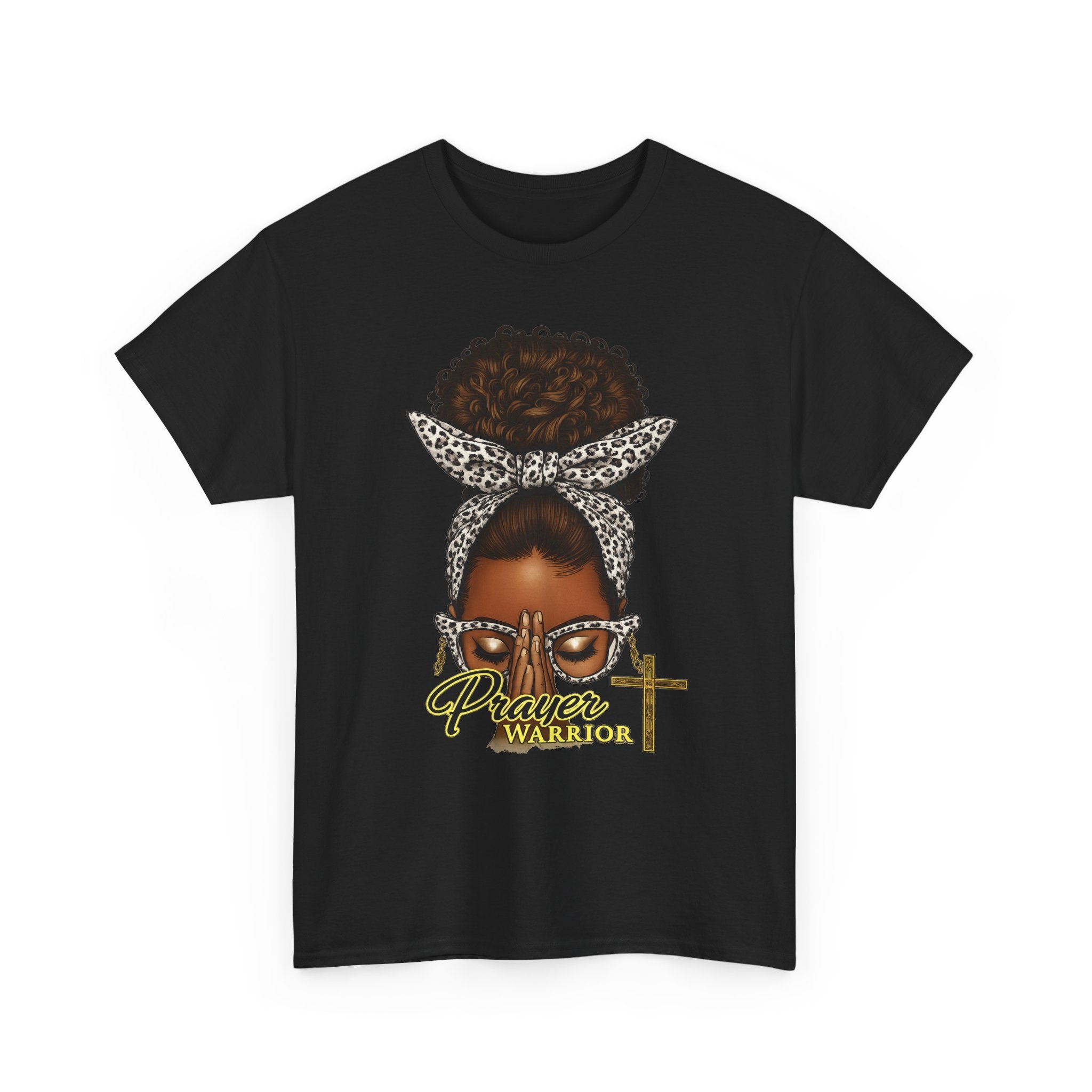 Prayer Warrior T-Shirt – Black Woman Afro Bun with Leopard Scarf & Cross Graphic