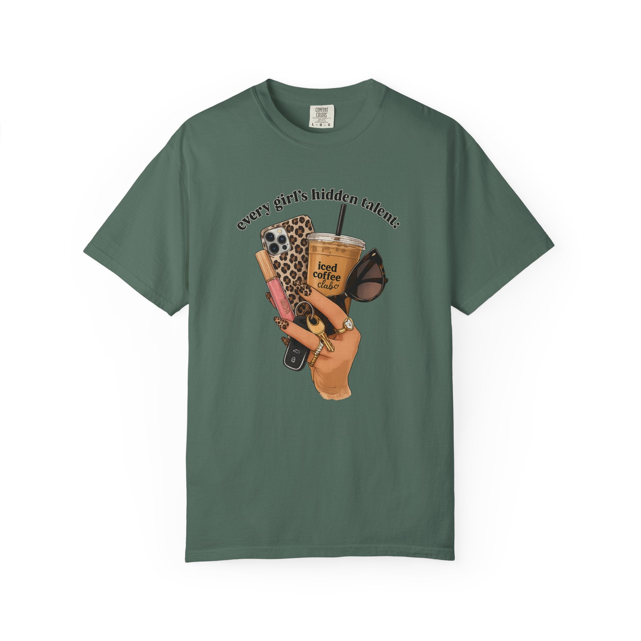 T-Shirt — Every Girl’s Hidden Talents Graphic Tee (coffee, makeup, phone, sunglasses)