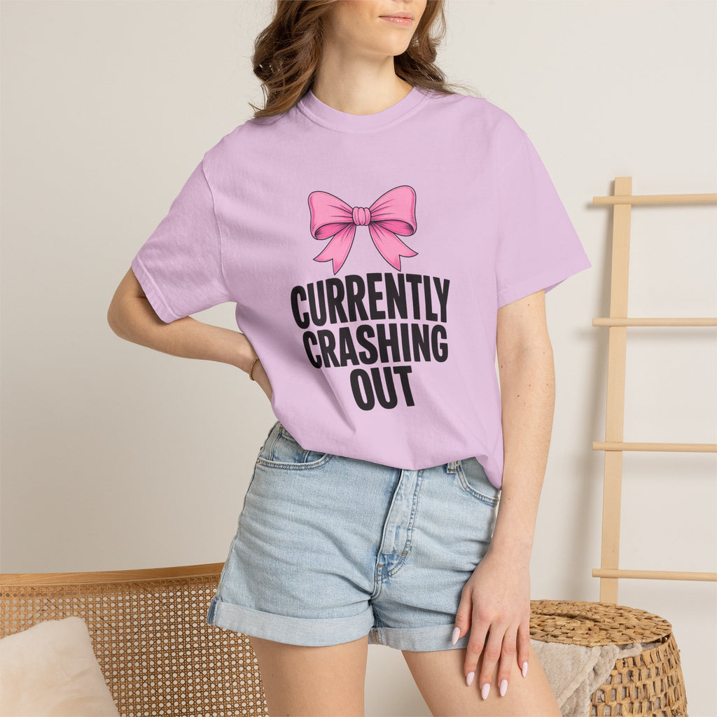 T-Shirt — "Currently Crashing Out" Pink Bow Graphic Tee