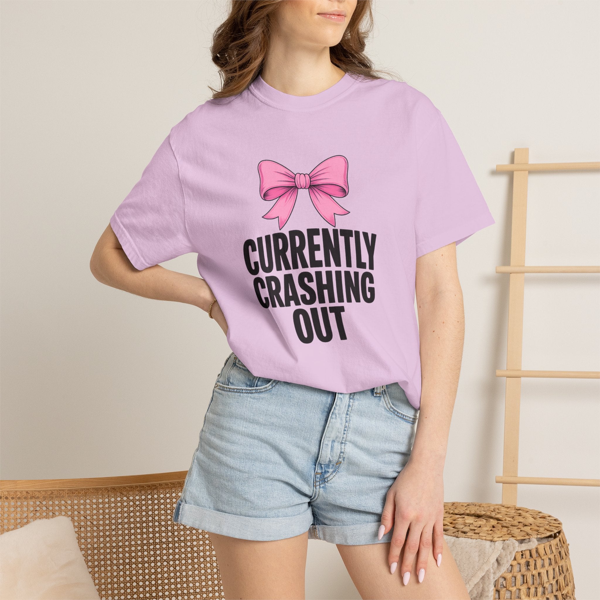 T-Shirt — "Currently Crashing Out" Pink Bow Graphic Tee