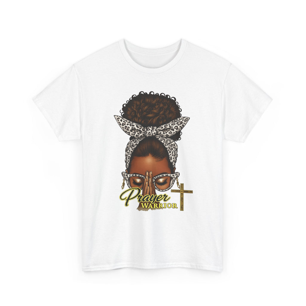 Prayer Warrior T-Shirt – Black Woman Afro Bun with Leopard Scarf & Cross Graphic