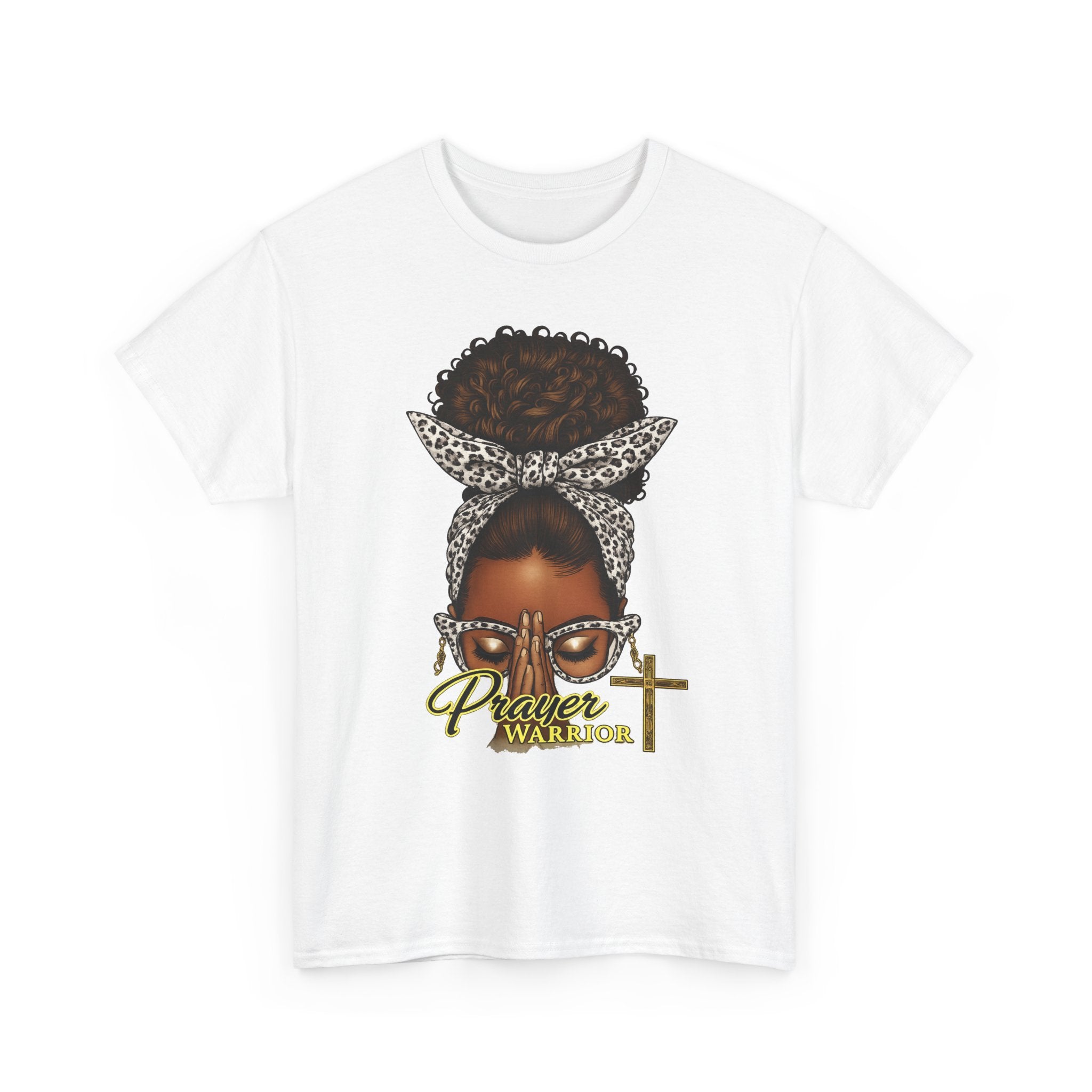 Prayer Warrior T-Shirt – Black Woman Afro Bun with Leopard Scarf & Cross Graphic