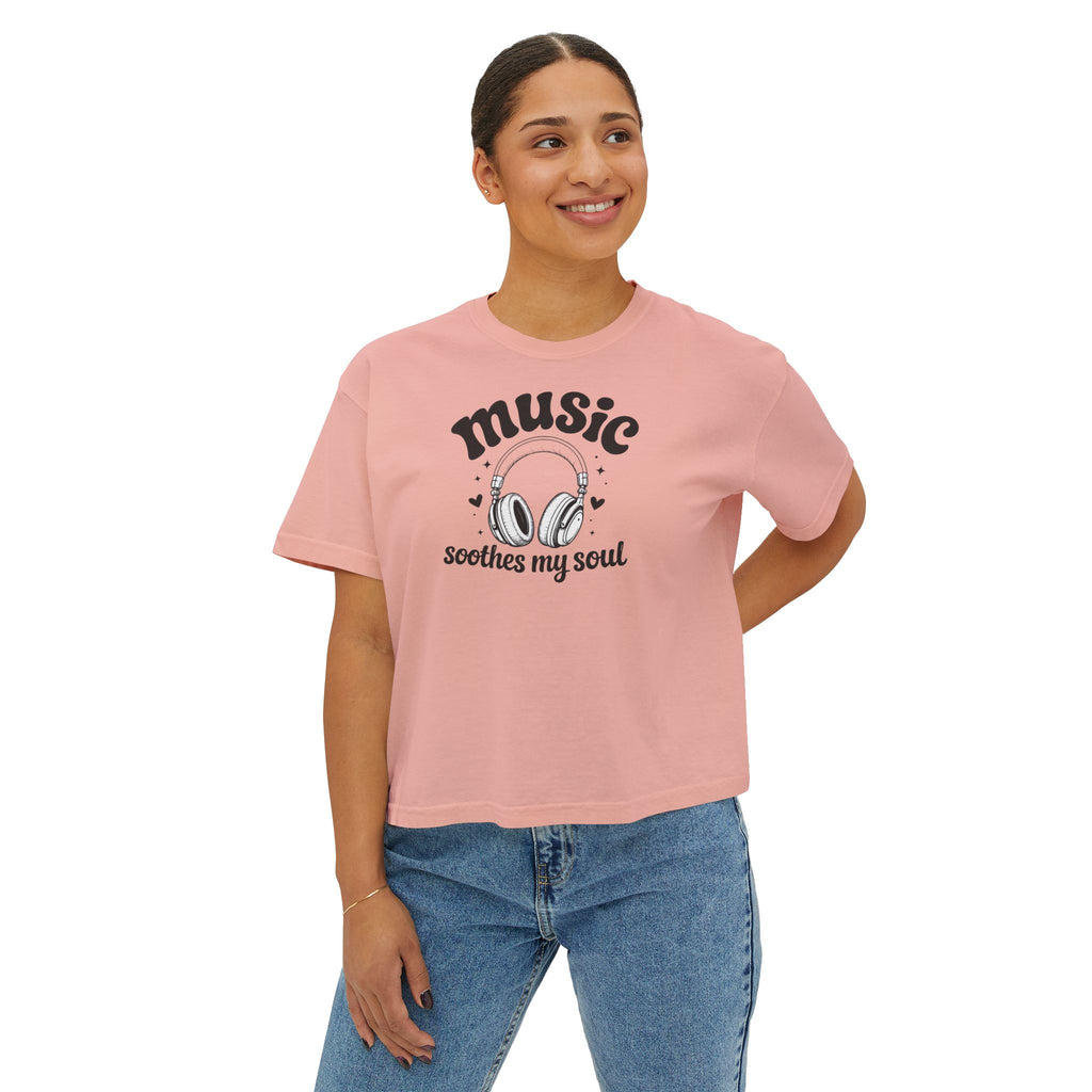 Music Soothes My Soul Boxy Tee — Women's Cropped Graphic T-Shirt with Headphones