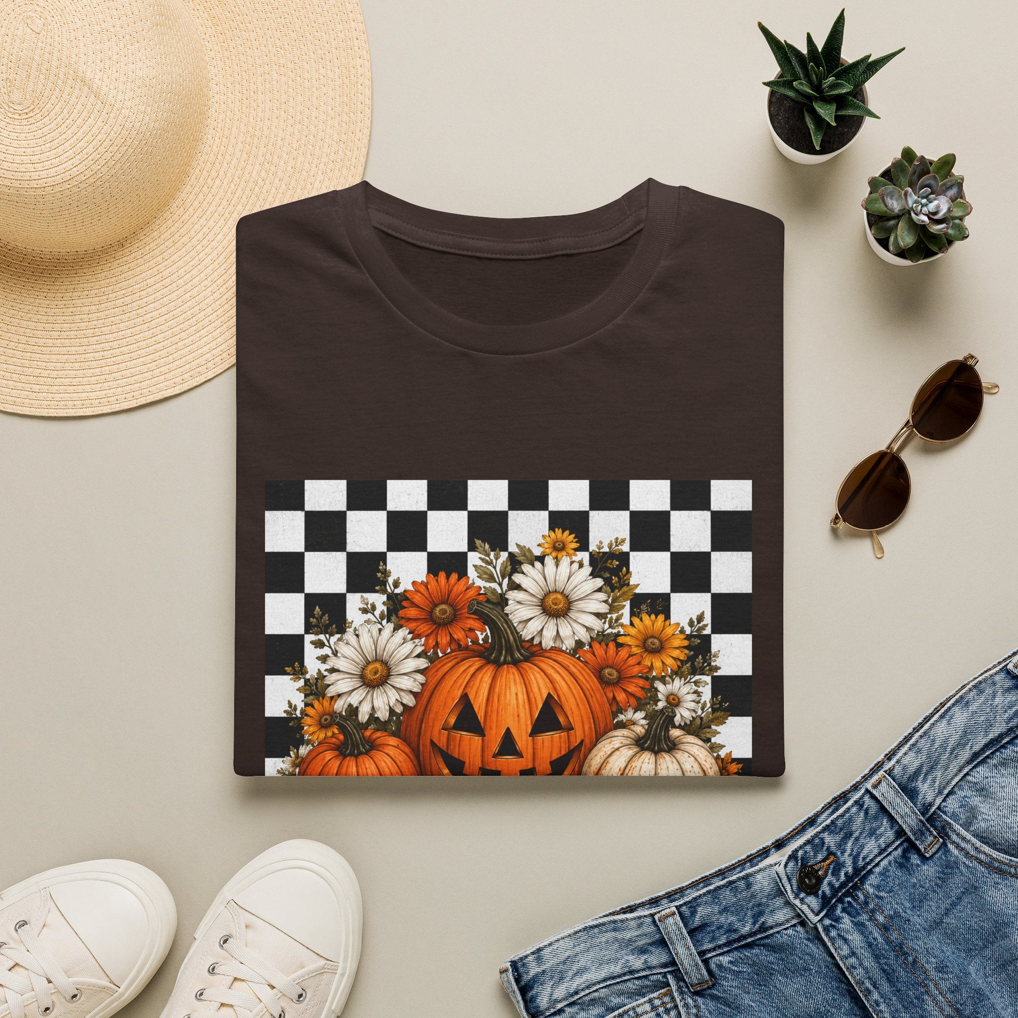 Halloween Pumpkin Floral T-Shirt — Checkerboard Jack-O'-Lantern Design
