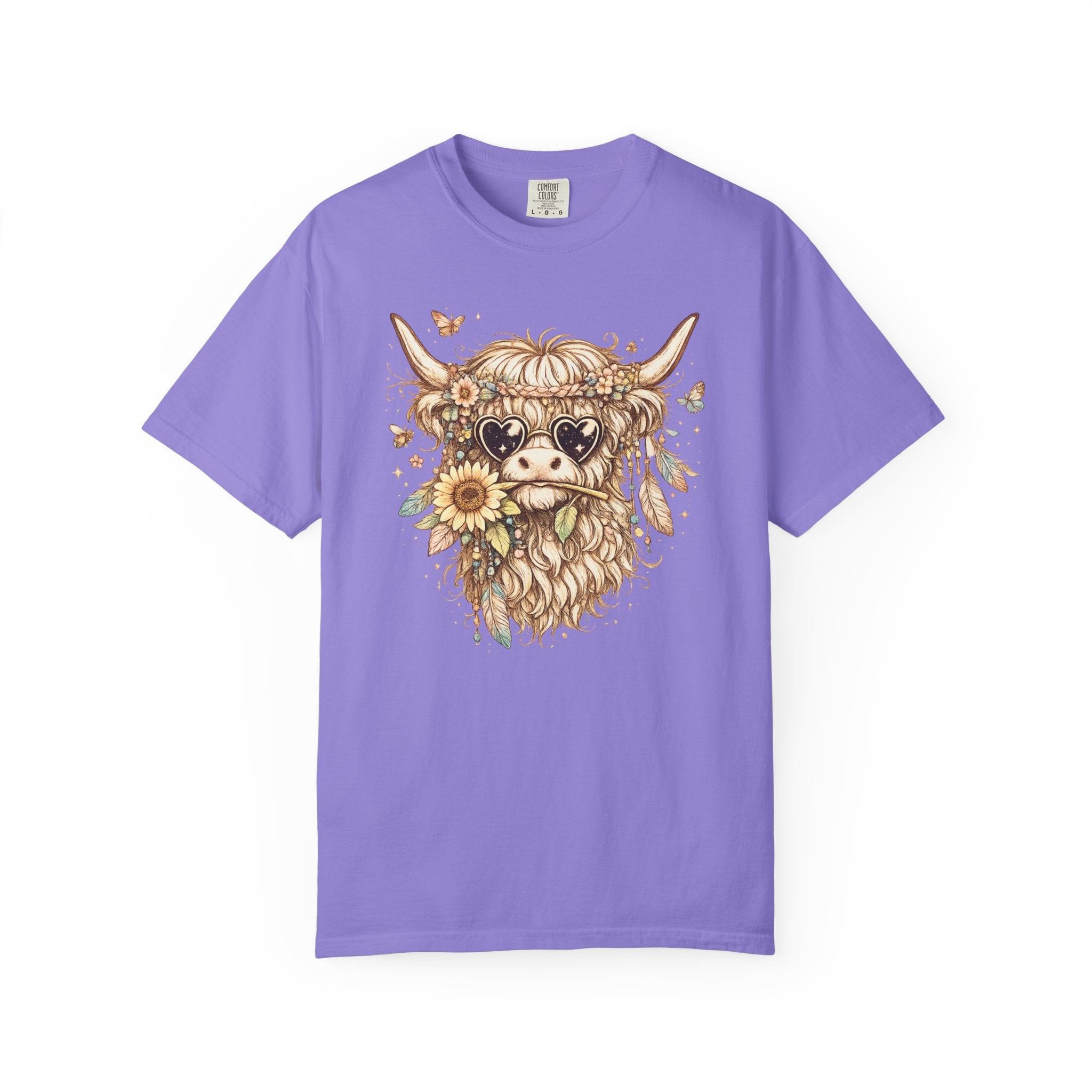 Highland Cow Floral T‑Shirt — Sunflower Boho Highland Cattle Tee