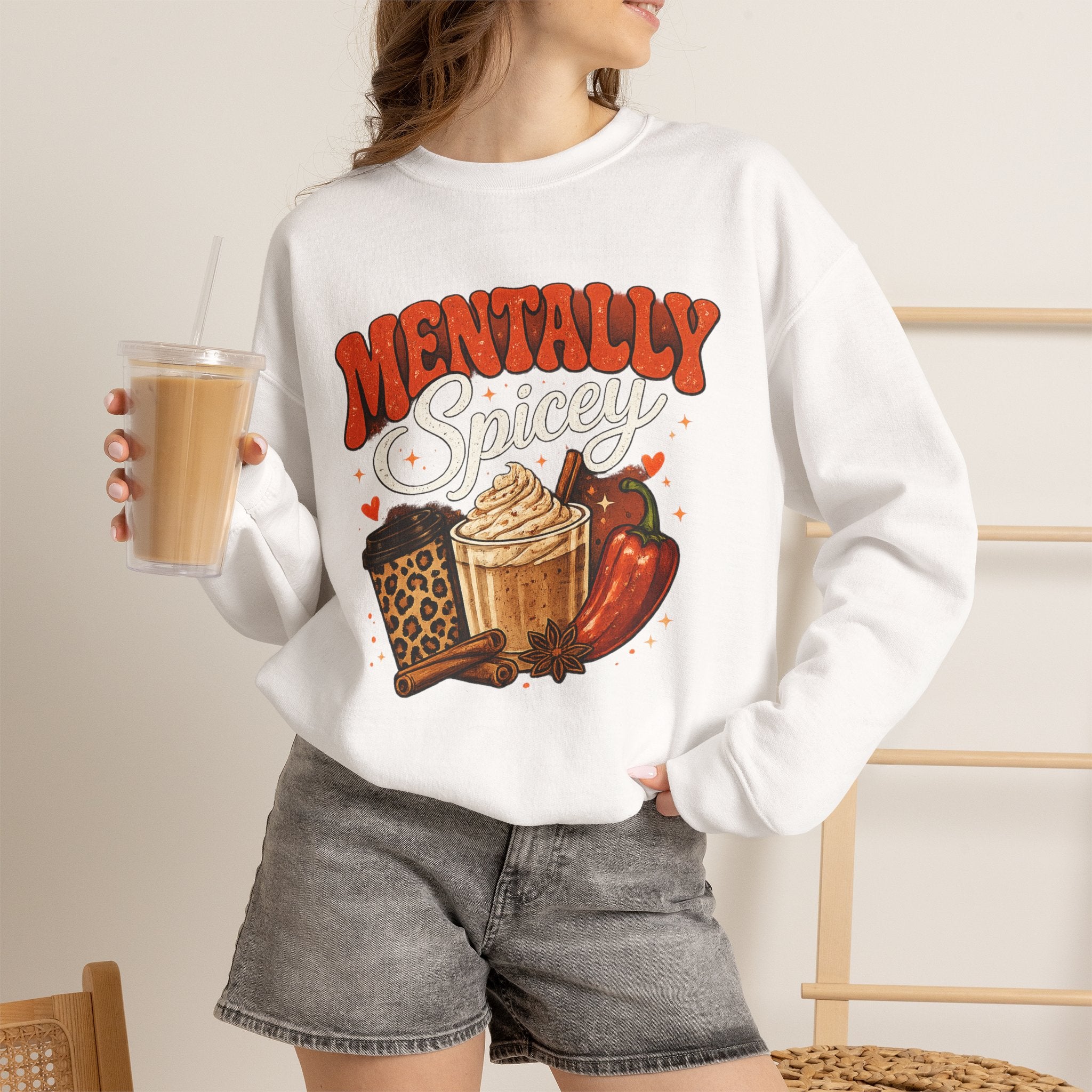 Crewneck Sweatshirt — "Mentally Spicy" Coffee & Chili Graphic