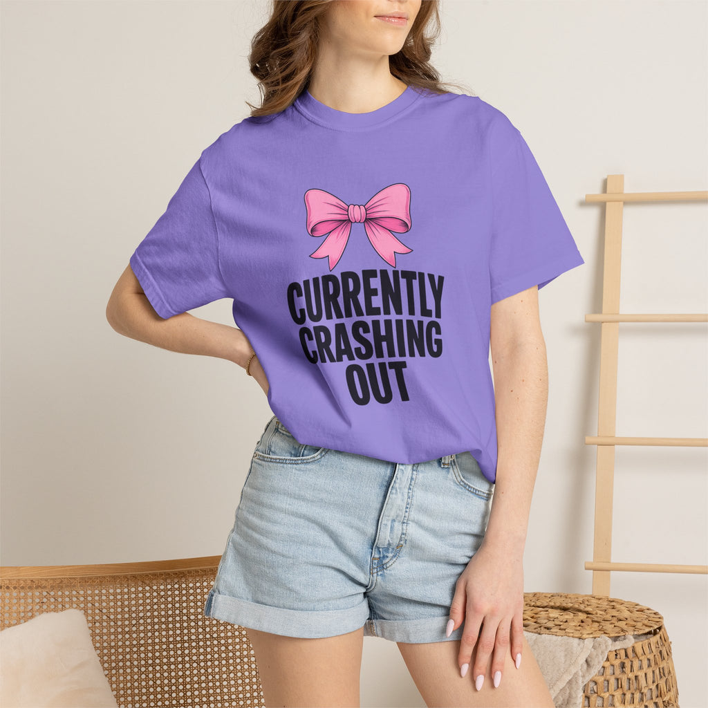 T-Shirt — "Currently Crashing Out" Pink Bow Graphic Tee