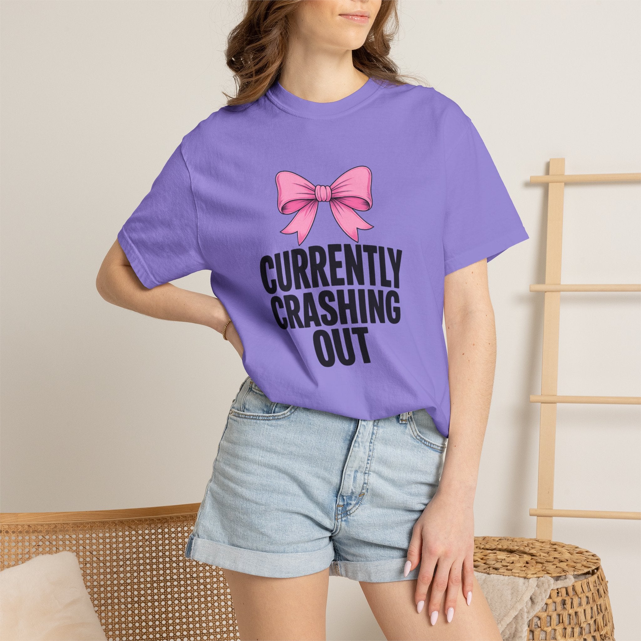 T-Shirt — "Currently Crashing Out" Pink Bow Graphic Tee