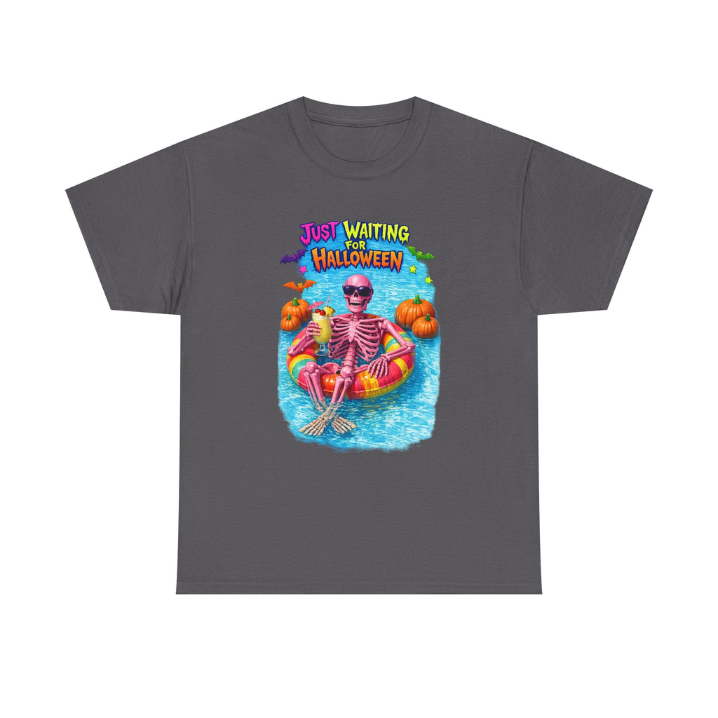 Halloween Skeleton Tee — "Just Waiting for Halloween" Pool Float Graphic T-Shirt