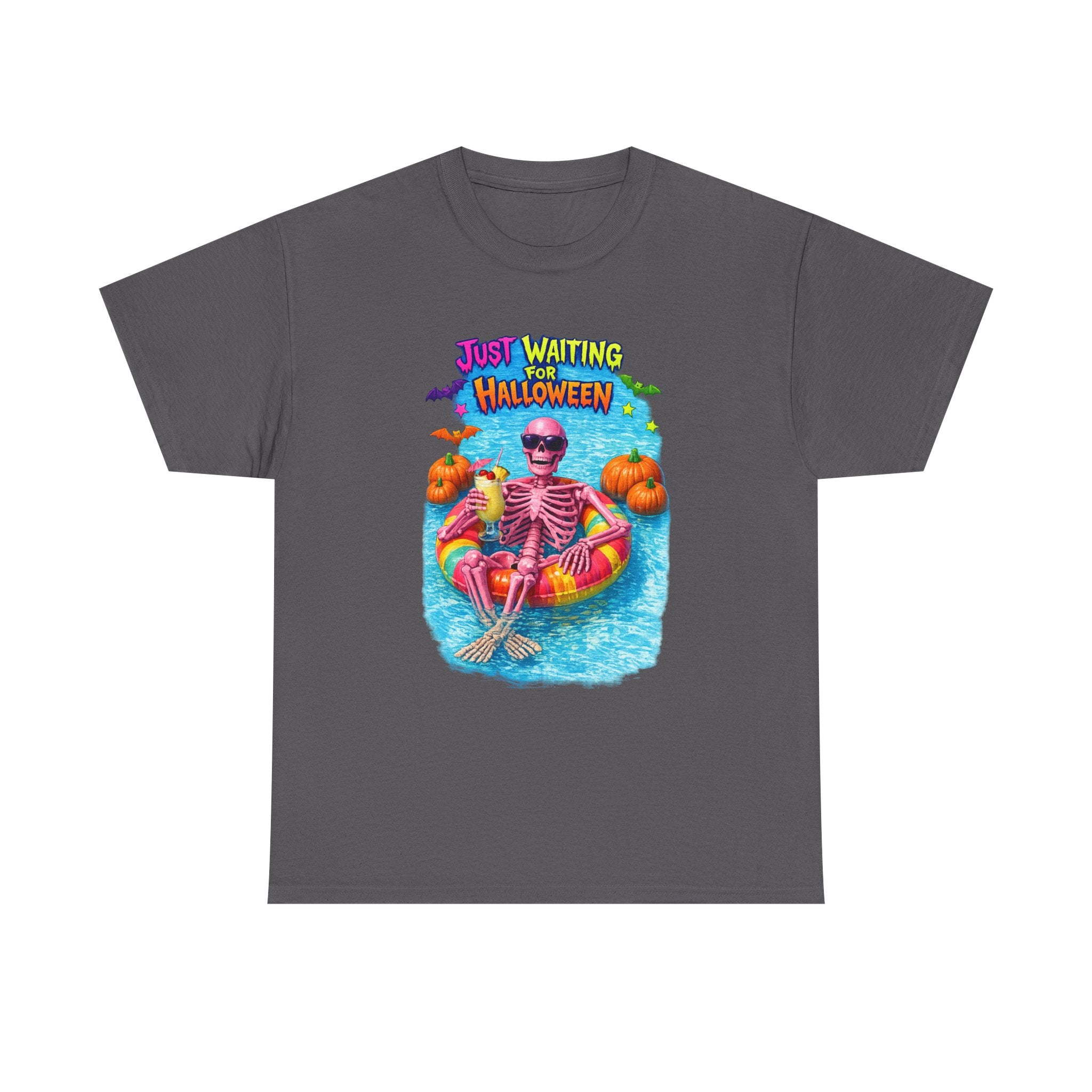 Halloween Skeleton Tee — "Just Waiting for Halloween" Pool Float Graphic T-Shirt