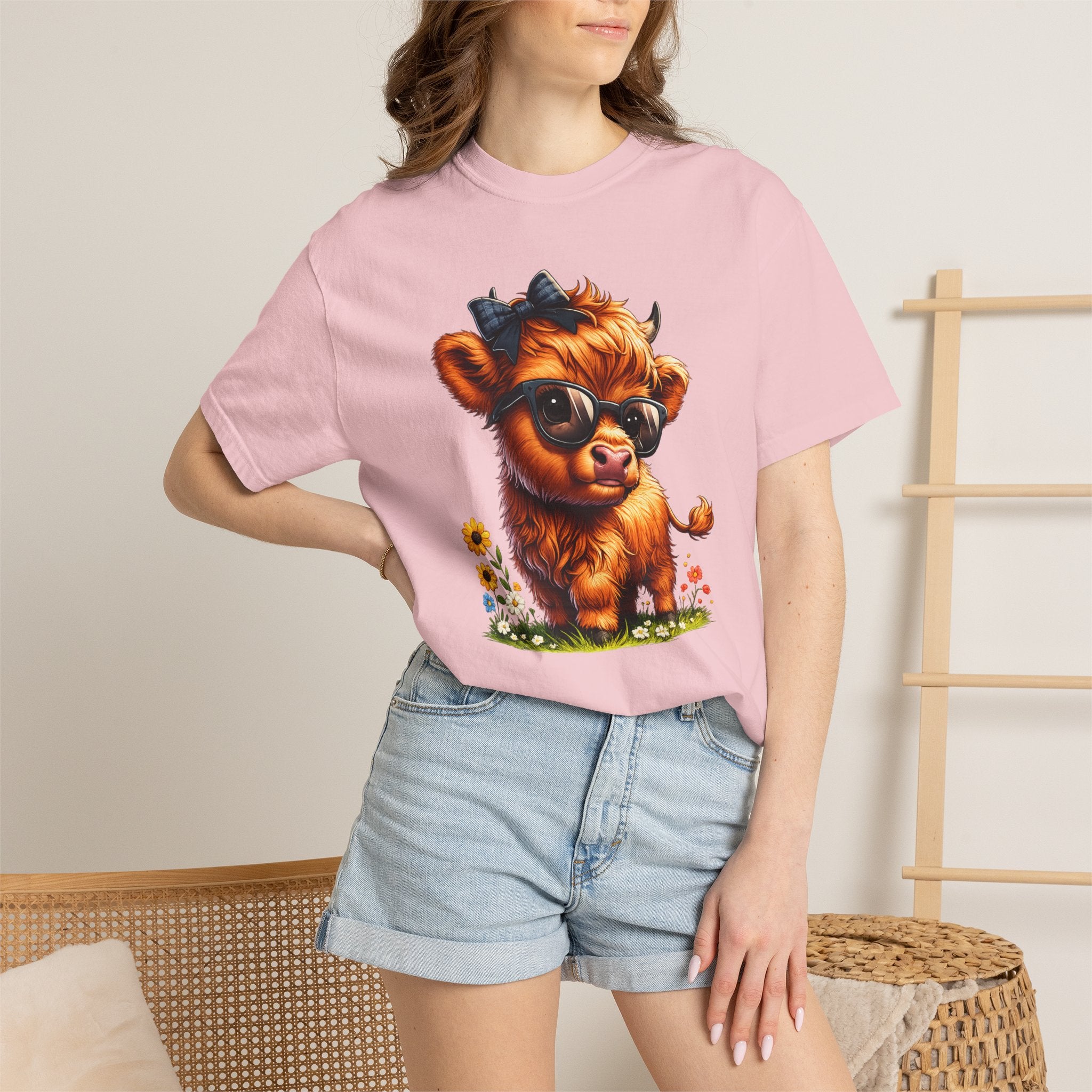 Cute Highland Calf T‑Shirt — Cool Sunglasses Cow with Flowers