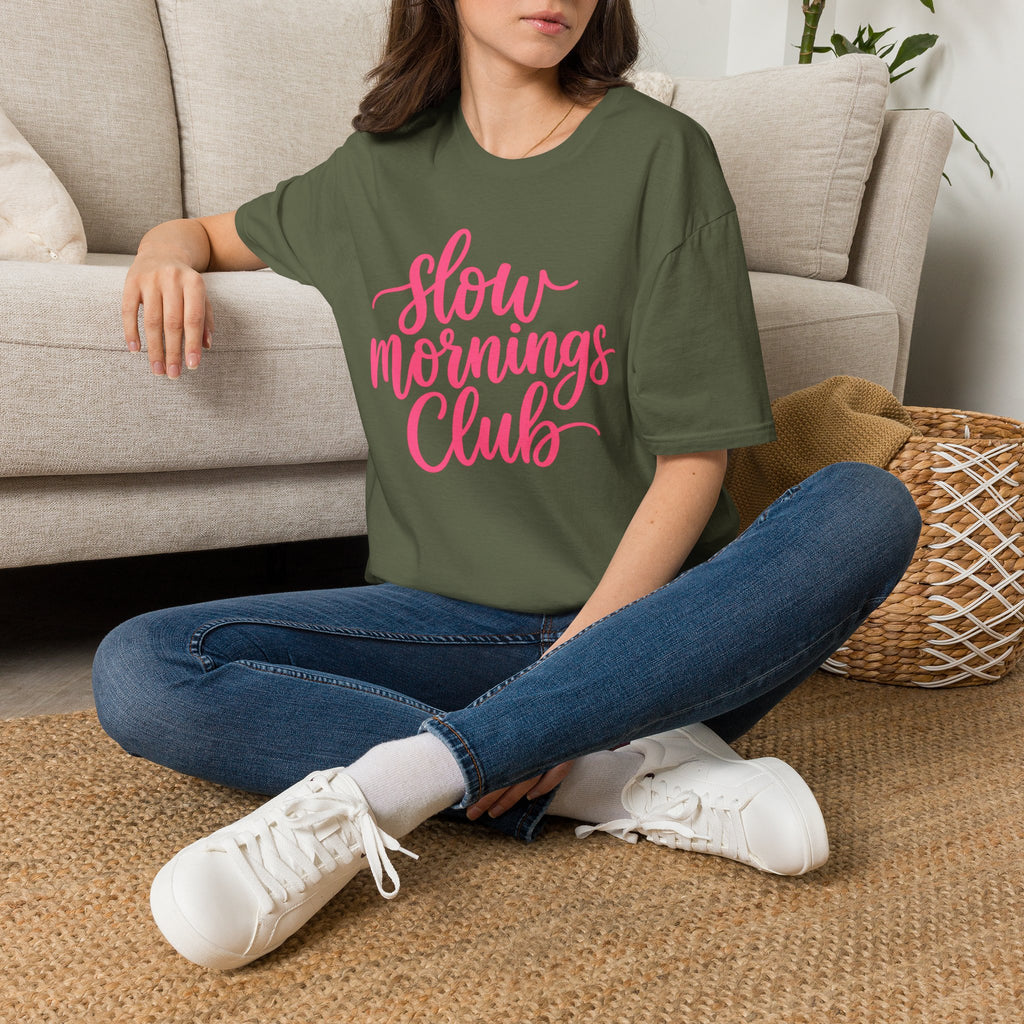 Slow Mornings Club Tee — Relaxed Graphic T-Shirt with Pink Script