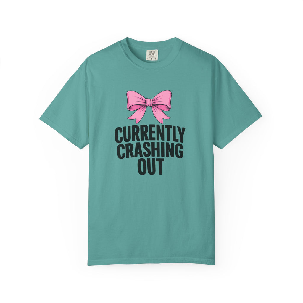 T-Shirt — "Currently Crashing Out" Pink Bow Graphic Tee