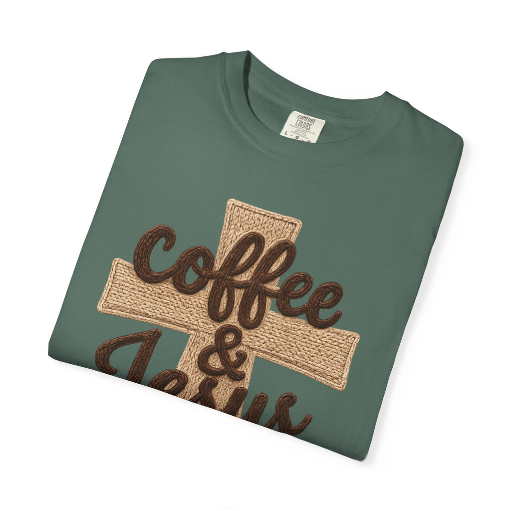 Coffee & Jesus T-Shirt — Christian Faith Graphic Tee with Cross