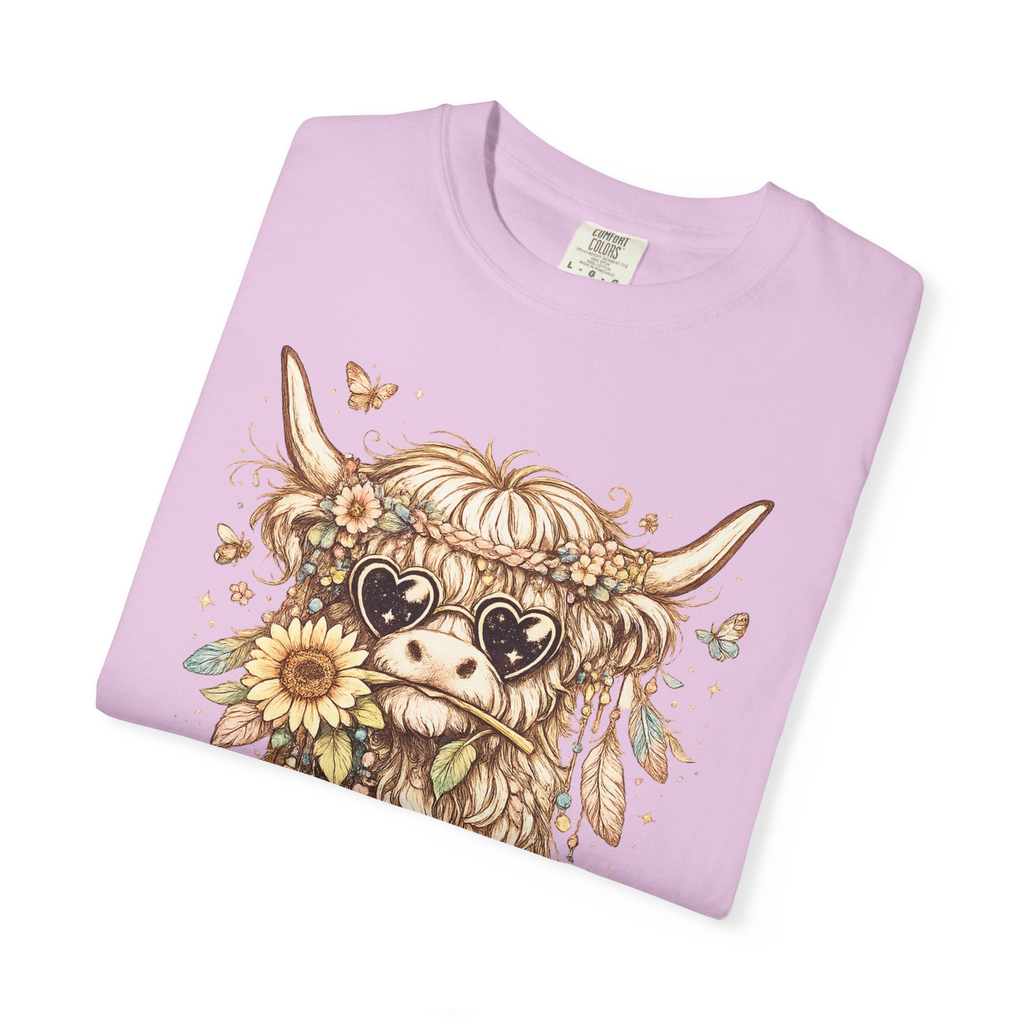 Highland Cow Floral T‑Shirt — Sunflower Boho Highland Cattle Tee