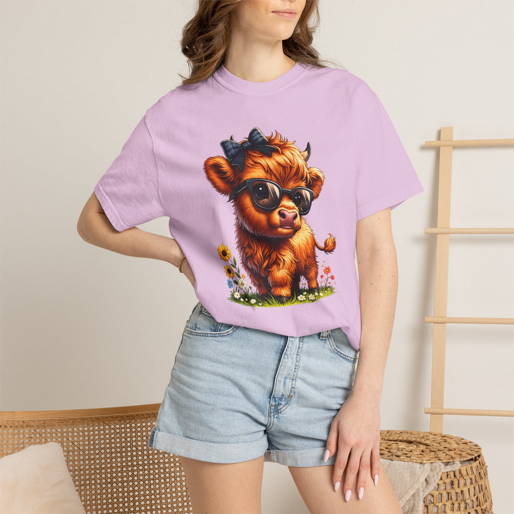 Cute Highland Calf T‑Shirt — Cool Sunglasses Cow with Flowers