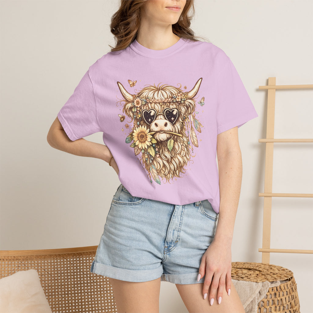 Highland Cow Floral T‑Shirt — Sunflower Boho Highland Cattle Tee