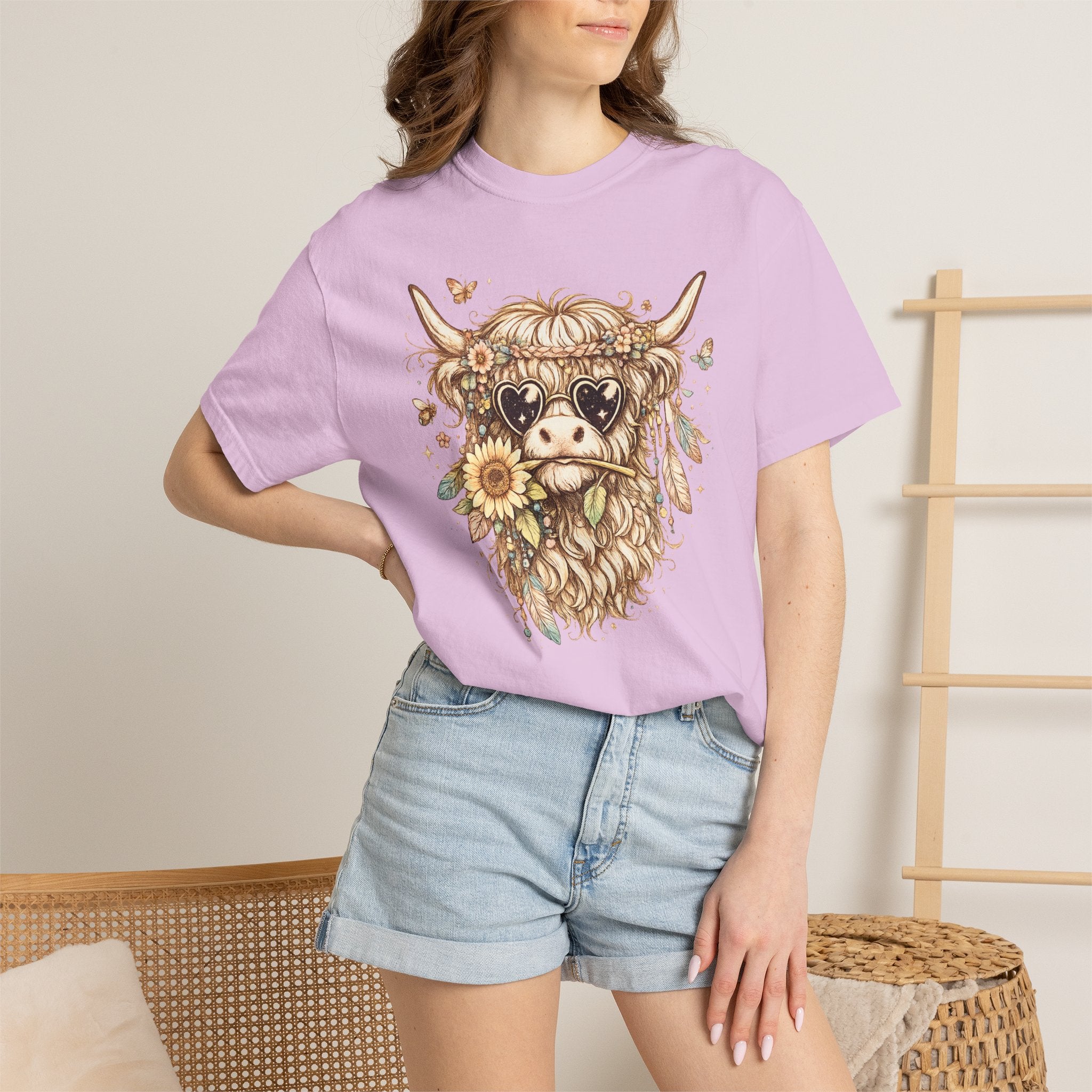 Highland Cow Floral T‑Shirt — Sunflower Boho Highland Cattle Tee