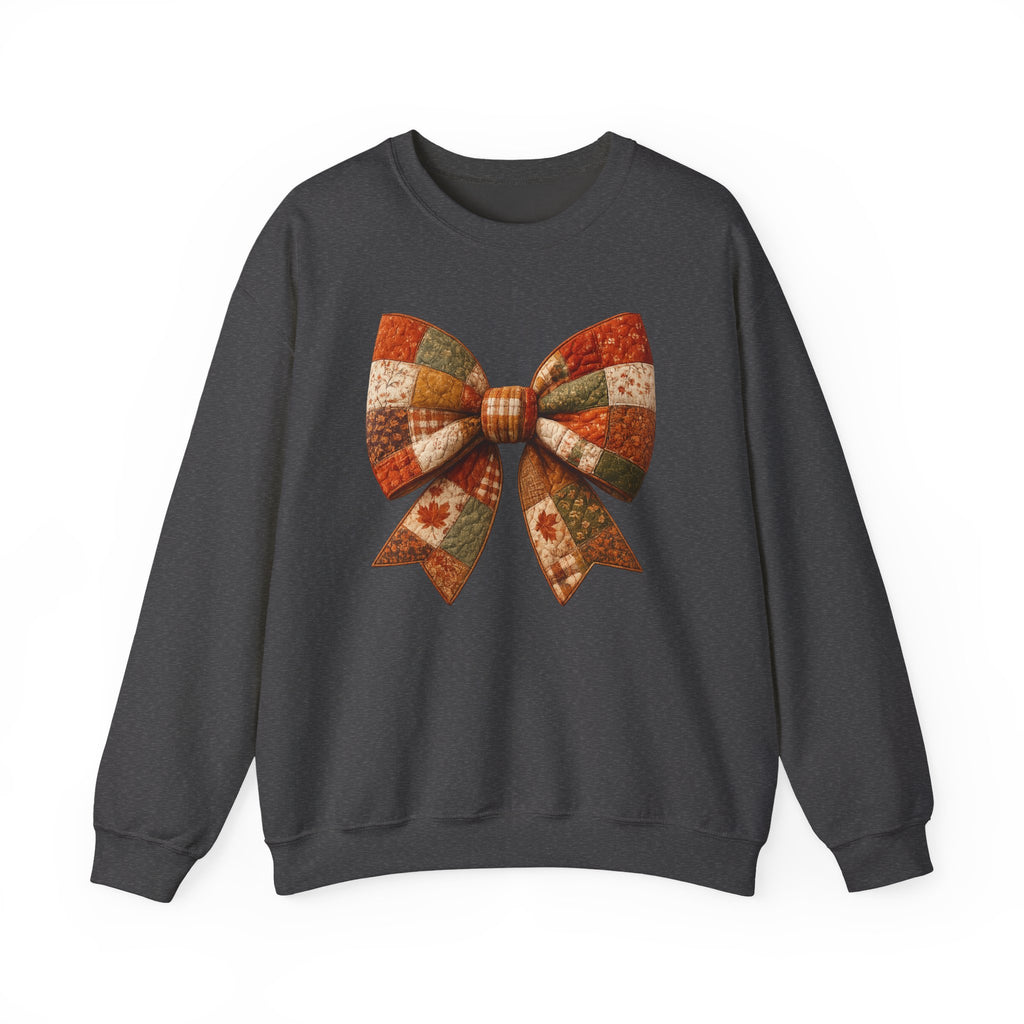 Patchwork Bow Sweatshirt — Cozy Autumn Plaid Crewneck